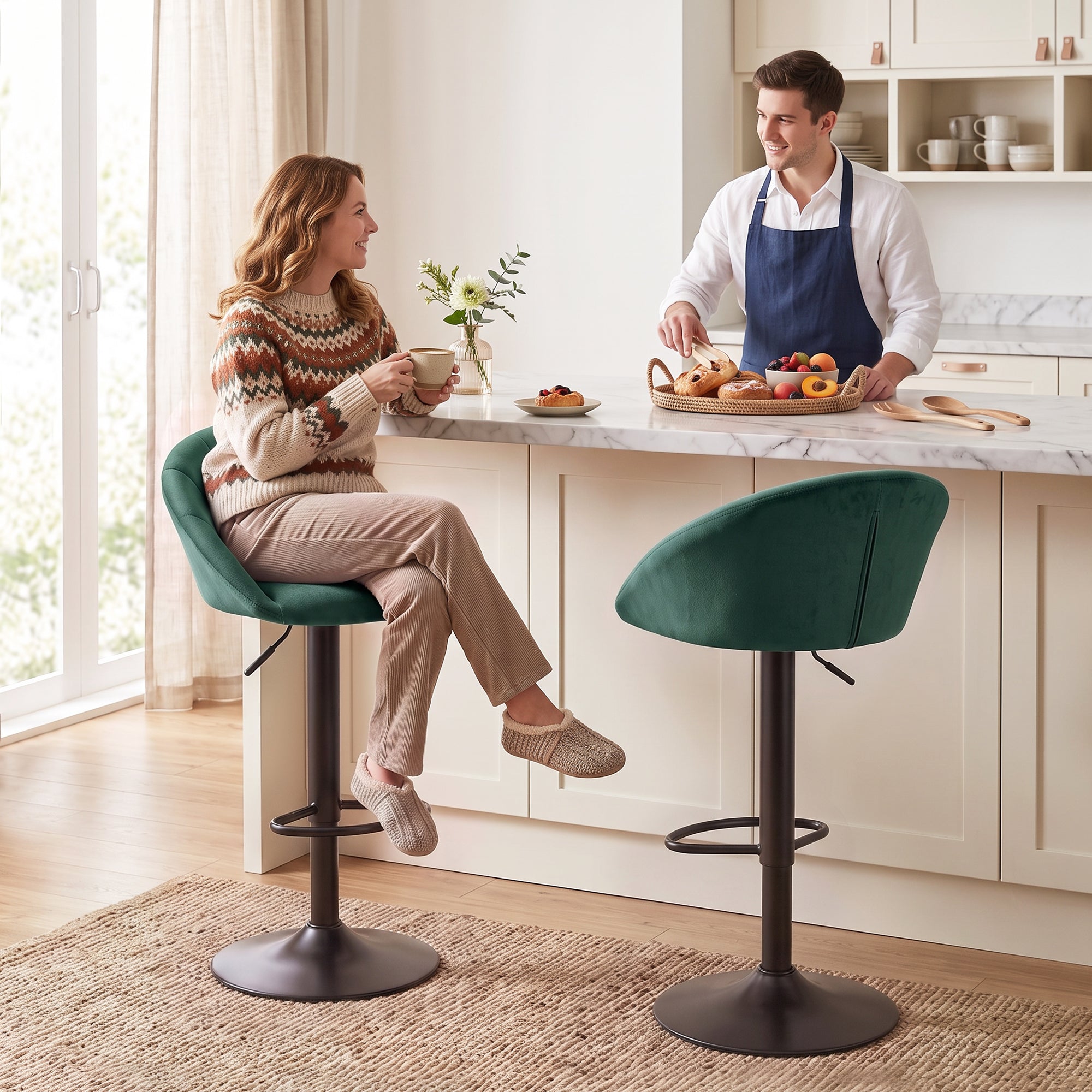 HOMCOM Bar Stools Set of 2 Adjustable Swivel Velvet Breakfast Bar Stools with Backrest, Dark Green