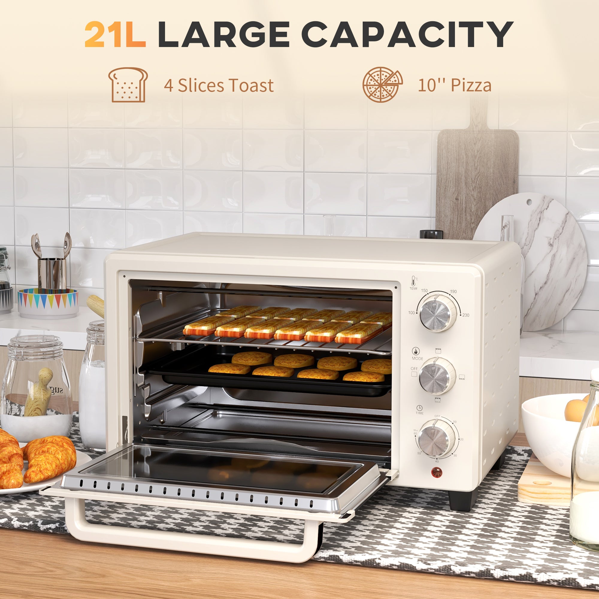 HOMCOM Mini Oven, 21L Countertop Electric Grill, Toaster Oven with Adjustable Temperature, Timer, Baking Tray and Wire Rack, 1400W, Cream - North Peak Garden Furniture