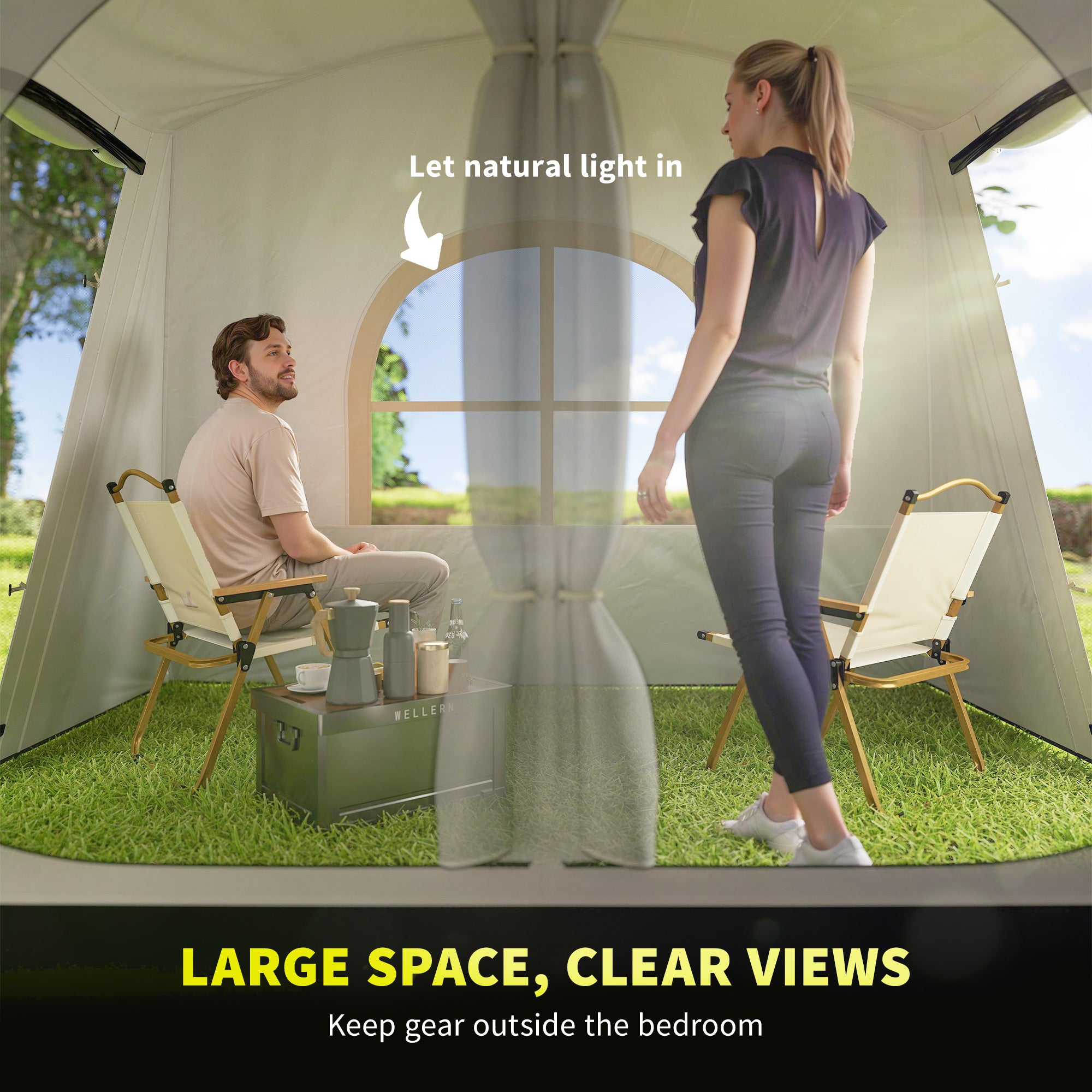 Outsunny 3-4 Man Tunnel Tent, Family Camping Tent with Porch, Bedroom and Living Area, Sewn in Groundsheet, 3000mm Waterproof, Portable with Bag for Hiking, Festival, Backpacking, Khaki