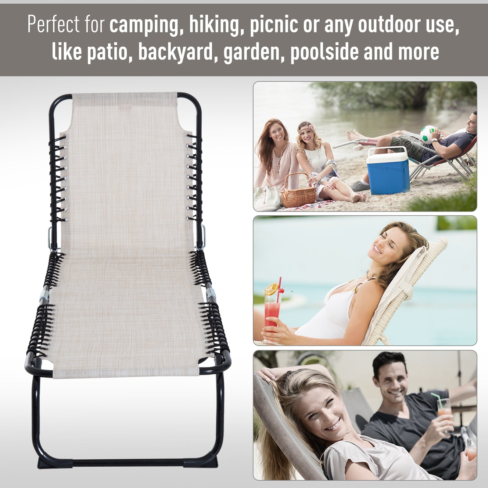 Outsunny Foldable Sun Lounger, Outdoor 4 Level Adjustable Backrest Reclining Chaise Chair, Steel Frame Recliner Chair for Camping, Hiking, Cream White