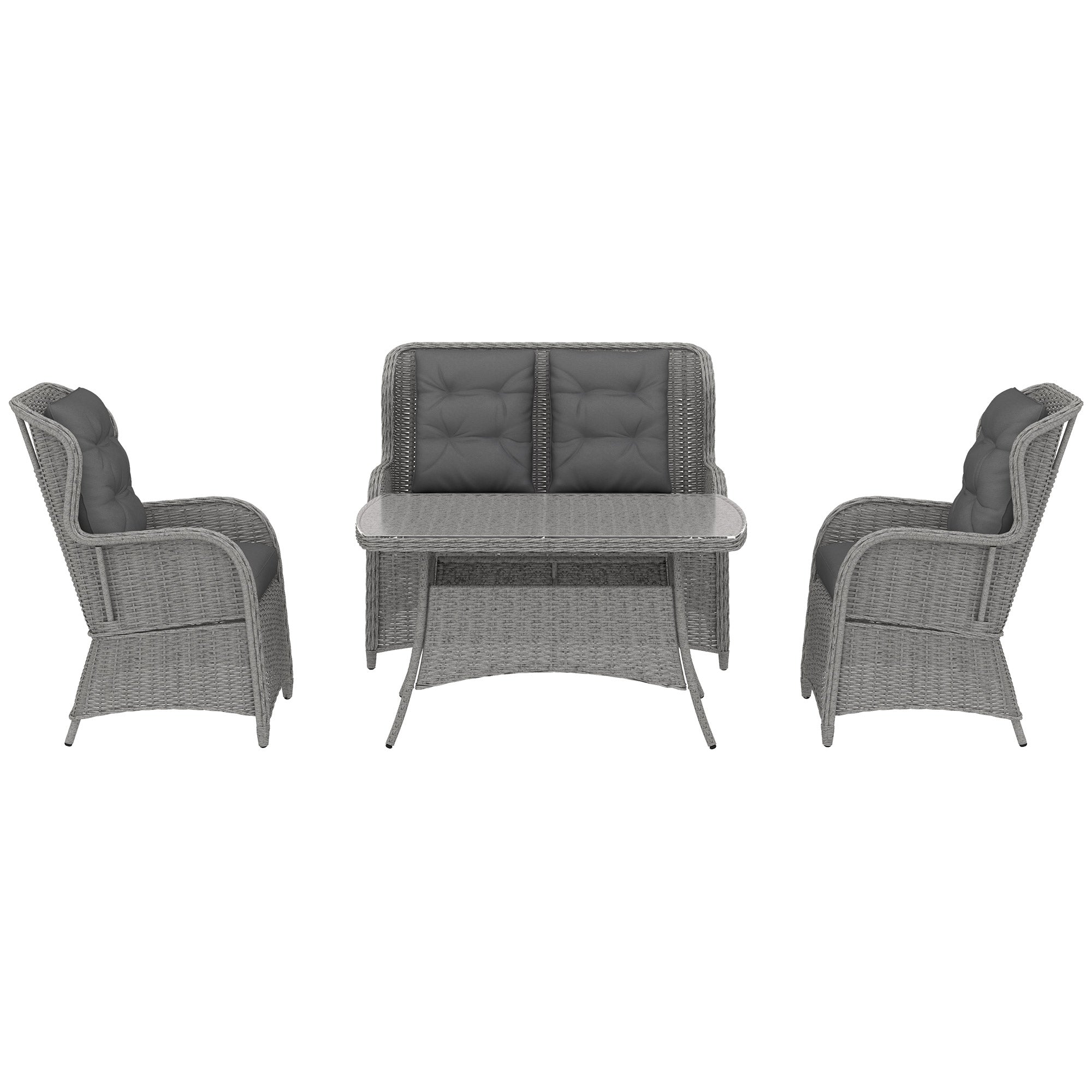 Outsunny Garden PE Rattan Dining Sofa Set, Outdoor 4 Seater Wicker Furniture, High Back Chairs with Cushions, Tempered Glass Coffee Table for Patio, Light Grey - North Peak Garden Furniture