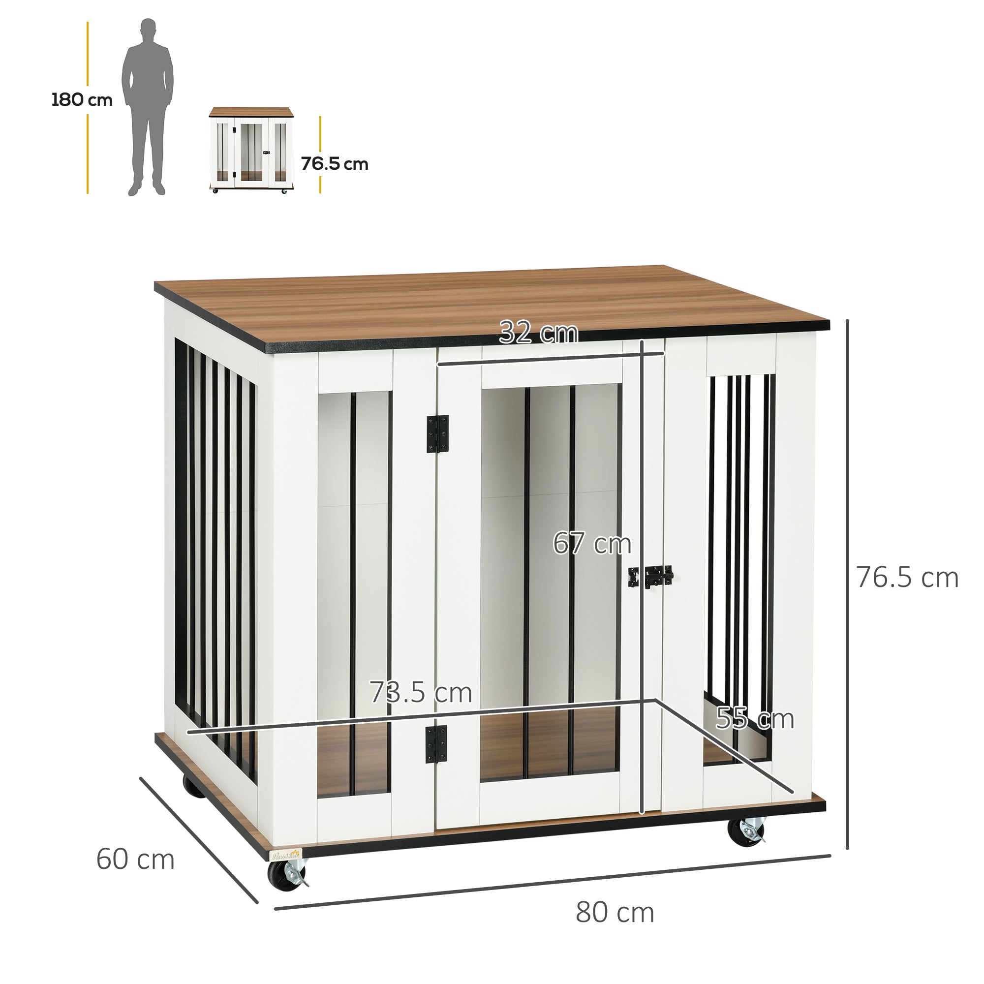 PawHut Dog Crate Furniture, Dog Cage End Table, with Wheels, for Medium Dogs, 80 x 60 x 76.5cm - White - North Peak Garden Furniture