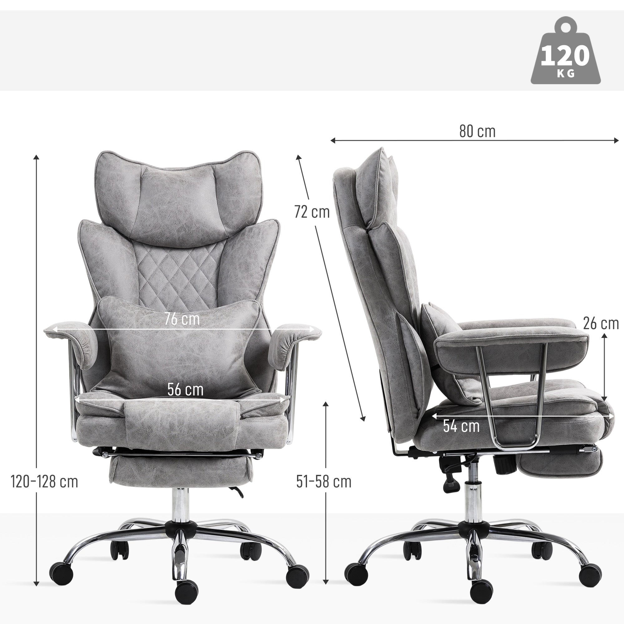 HOMCOM Leathaire Reclining Office Chair with Lumbar Support Pillow - Grey - North Peak Garden Furniture