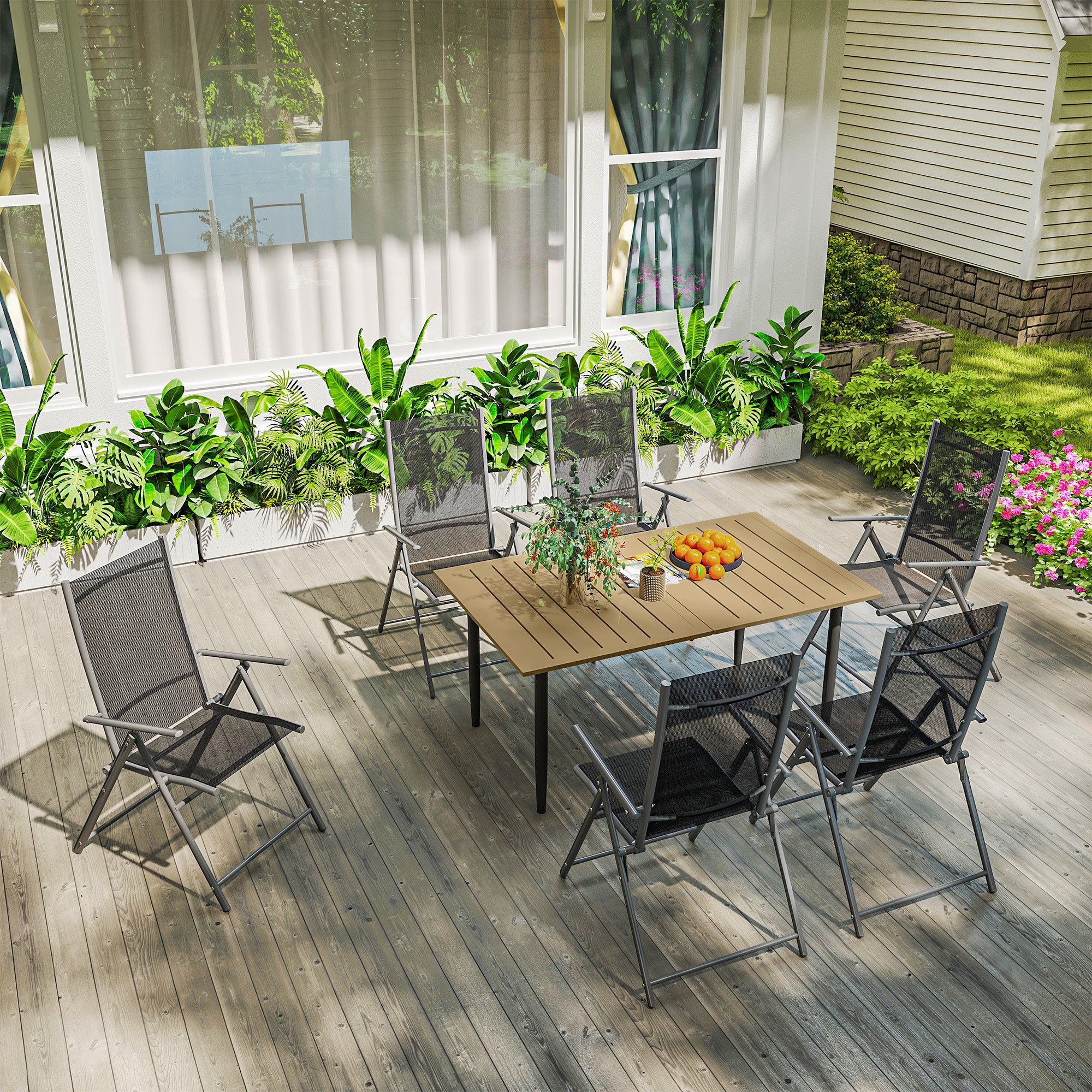 Outsunny Garden Dining Table for 6 Person, Rectangle Outdoor Coffee Table with 5 cm Parasol Hole, Slatted Tabletop and Steel Frame for Patio Balcony, Brown - North Peak Garden Furniture