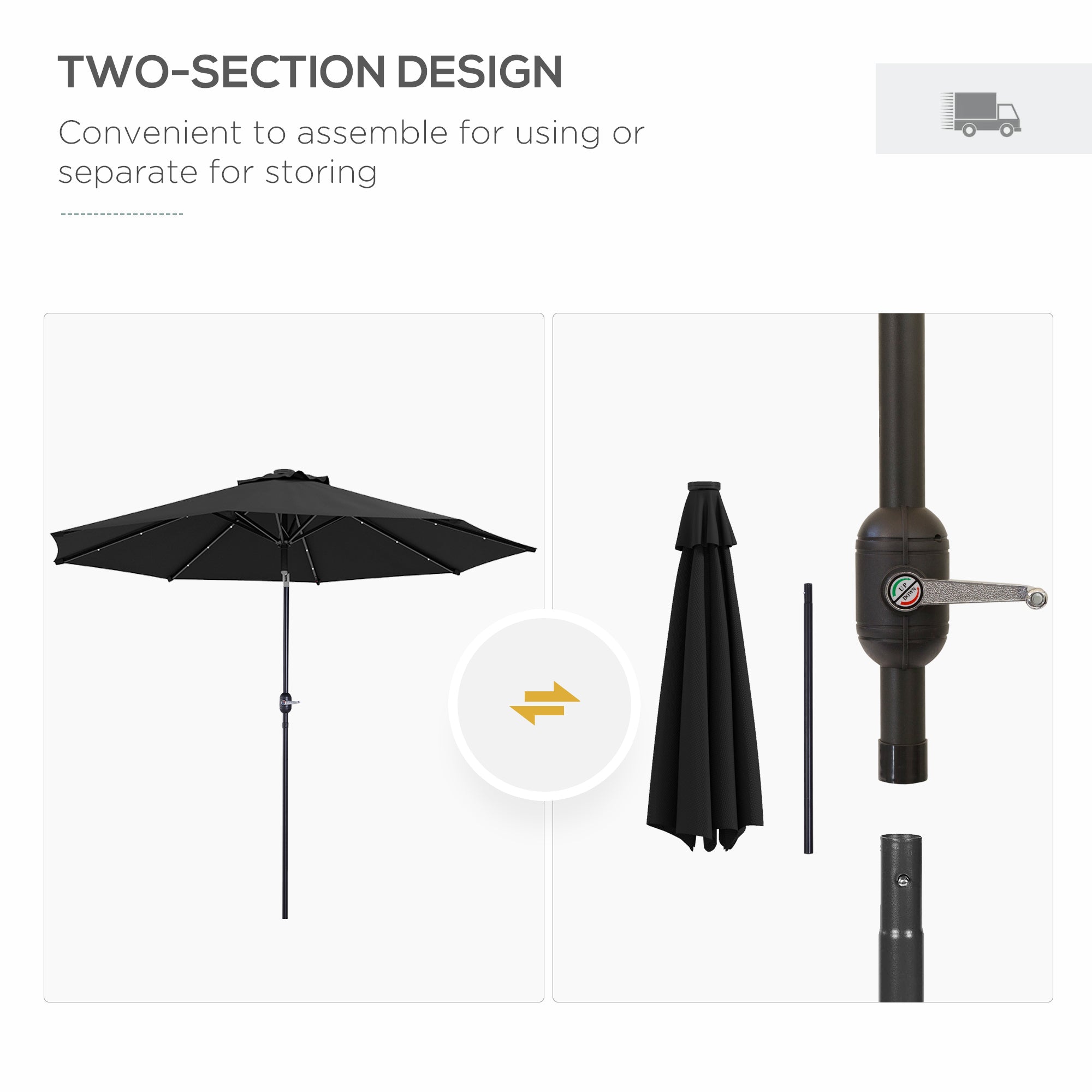 Outsunny 2.7m Outdoor Patio Garden Umbrella Parasol with Tilt Crank and 24 LEDs Lights, Black - North Peak Garden Furniture