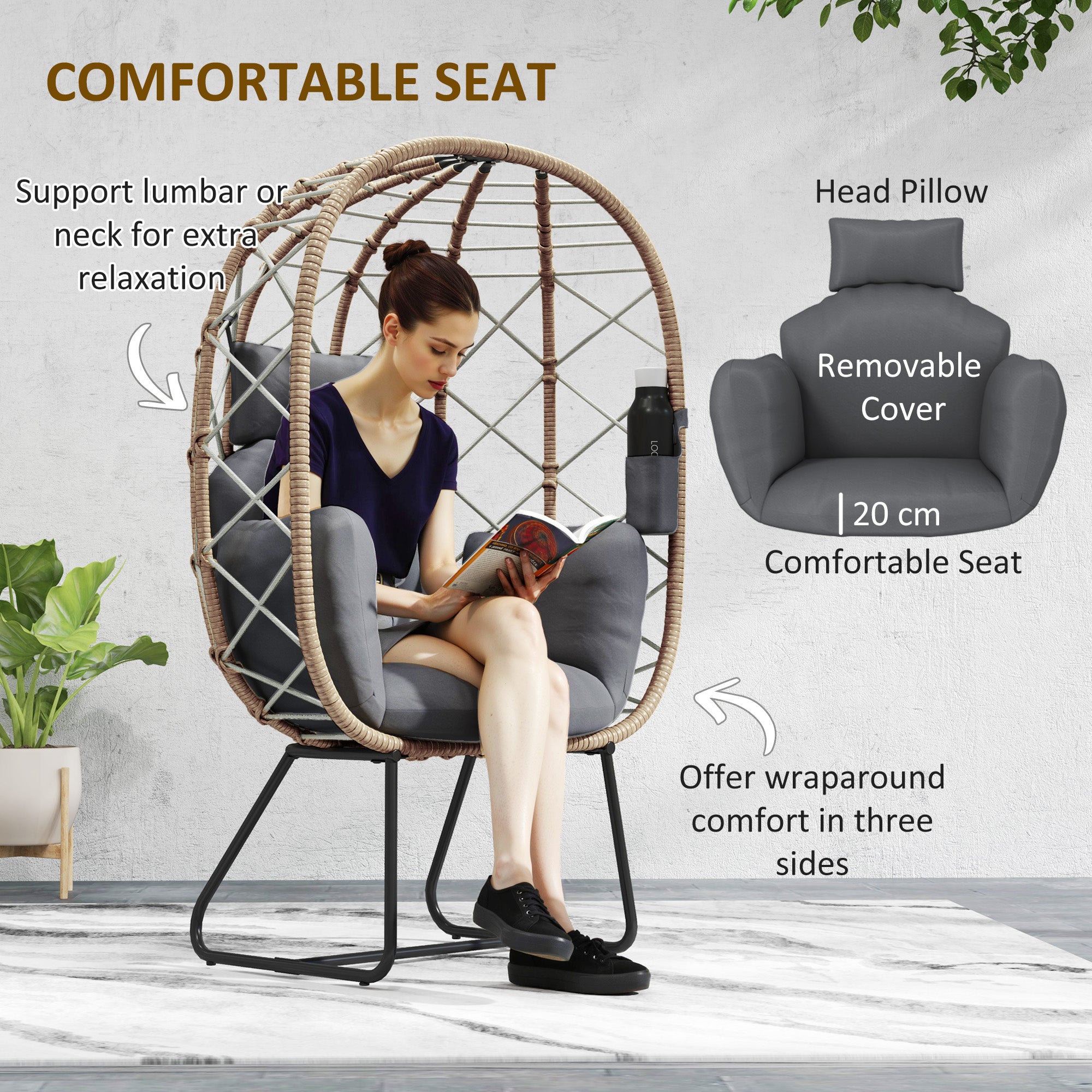 Outsunny Rattan Egg Chair Outdoor Indoor Wicker Chair with Thickened Cushion and Headrest, Standing Garden Egg Chair with Cup Holder, Metal Frame for Patio, Balcony, Brown - North Peak Garden Furniture