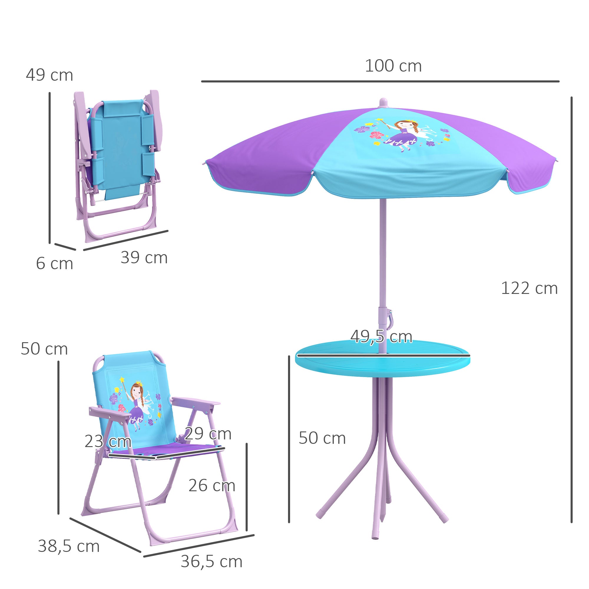 Outsunny Kids Picnic Table and Chair Set, Fairy Themed Outdoor Garden Furniture w/ Foldable Chairs, Adjustable Parasol - North Peak Garden Furniture