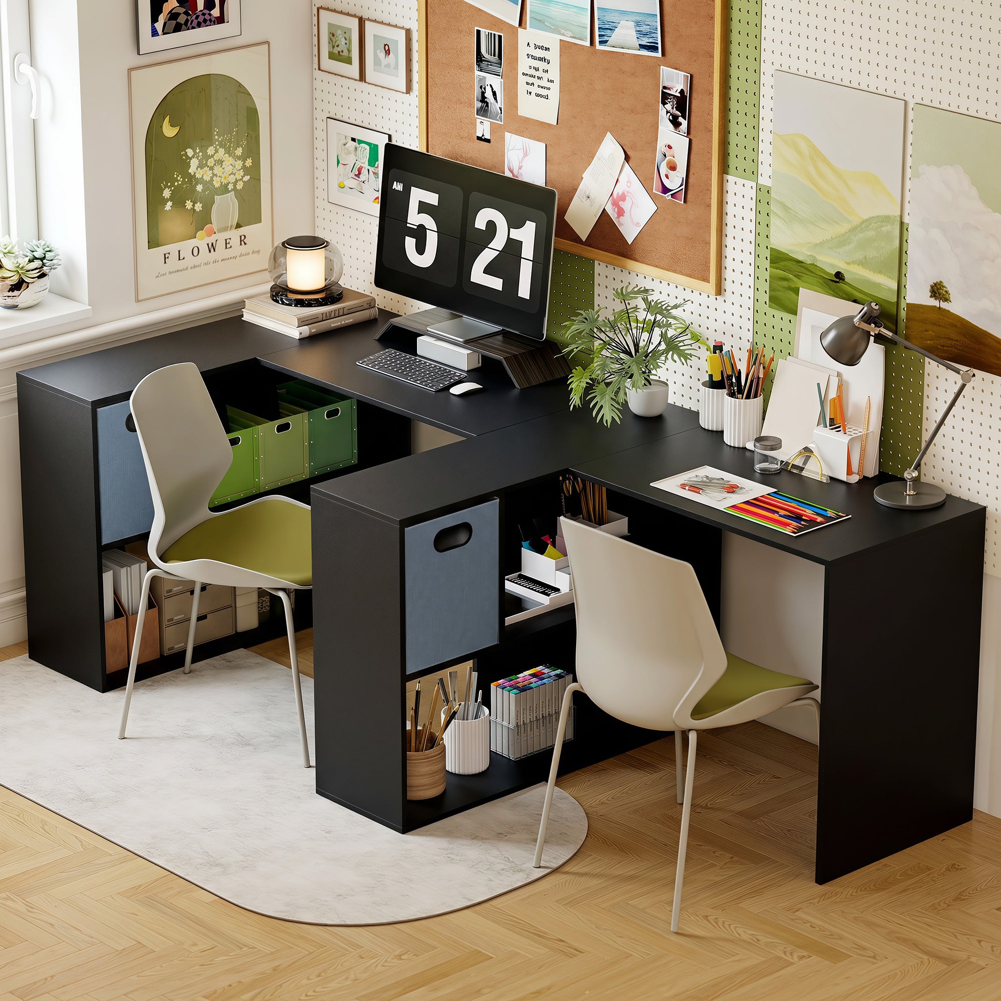 HOMCOM 110 cm L-Shaped Desk, Small Computer Desk with Fabric Drawer and Storage Shelves for Home Office, Study, Black