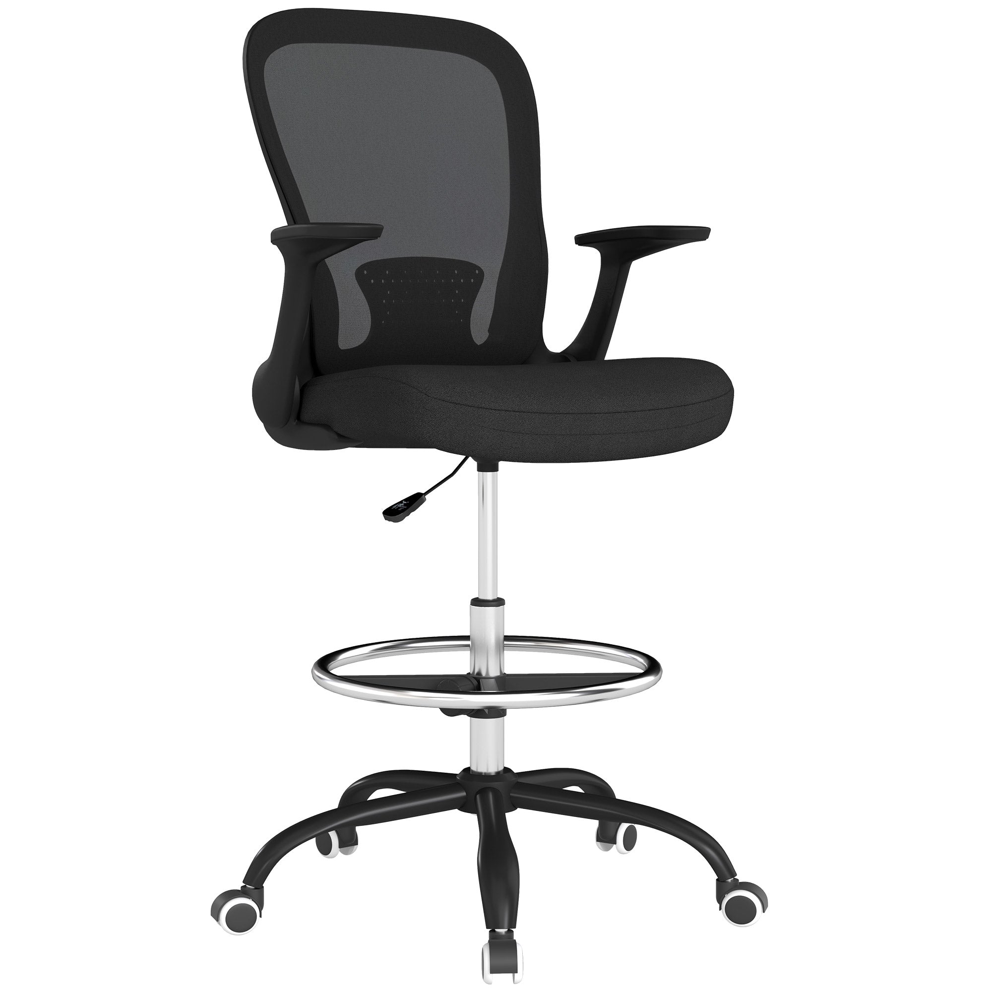 HOMCOM Draughtsman Chair, Mesh Drafting Chair, Ergonomic Office Chair with Flip-up Armrest, Adjustable Foot Ring, Black - North Peak Garden Furniture