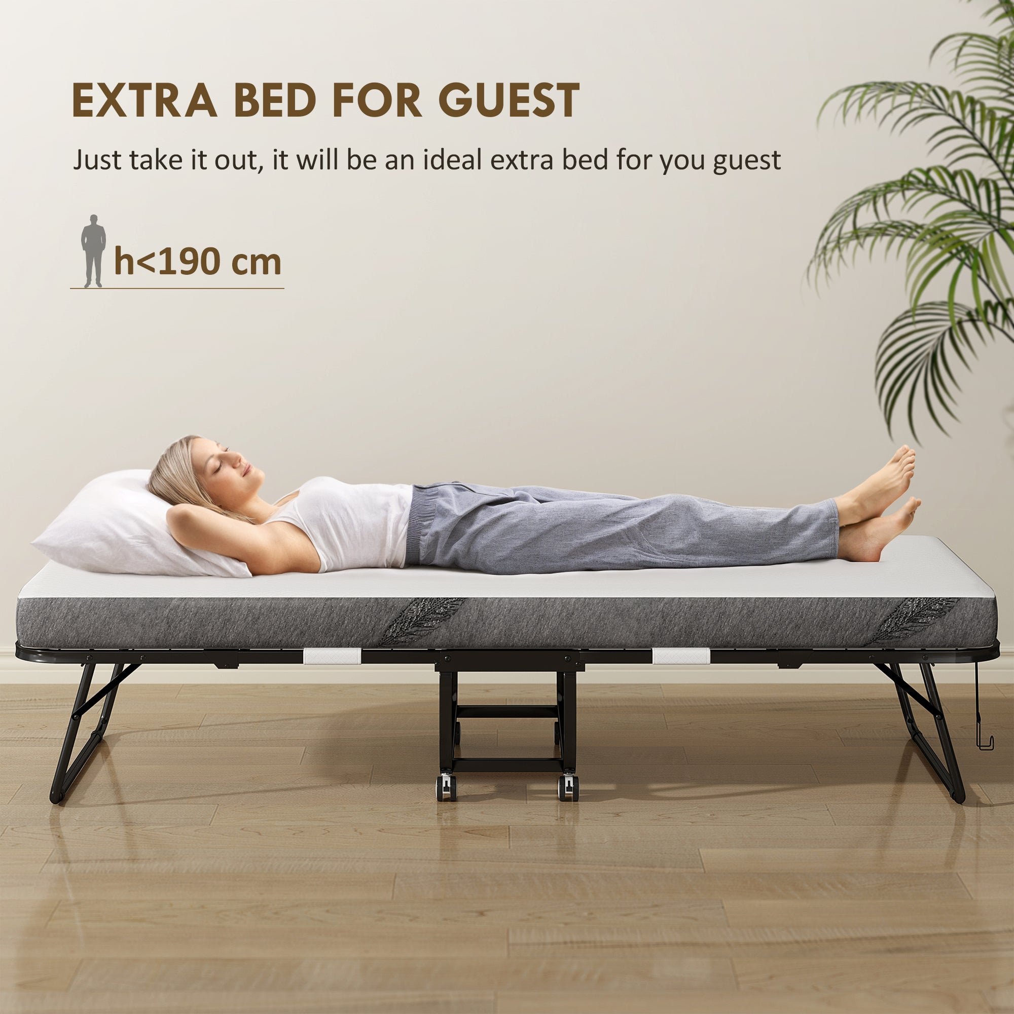 HOMCOM Folding Bed with 10cm Mattress, Portable Foldable Guest Bed with Sturdy Metal Frame on Wheels