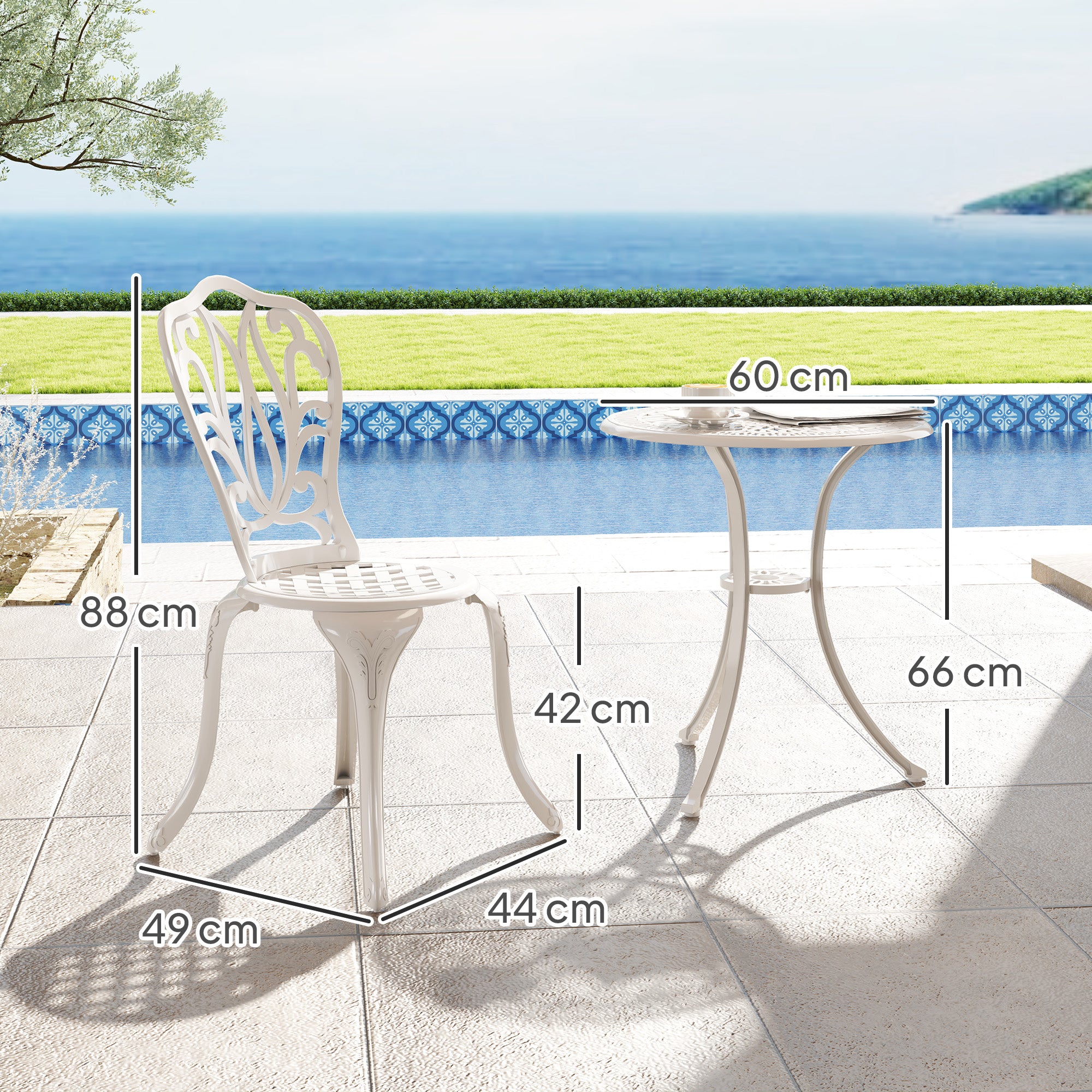 Outsunny 3 Piece Garden Bistro Set, Cast Aluminium Outdoor Furniture Set with Umbrella Hole for Balcony, Porch, Patio, White - North Peak Garden Furniture