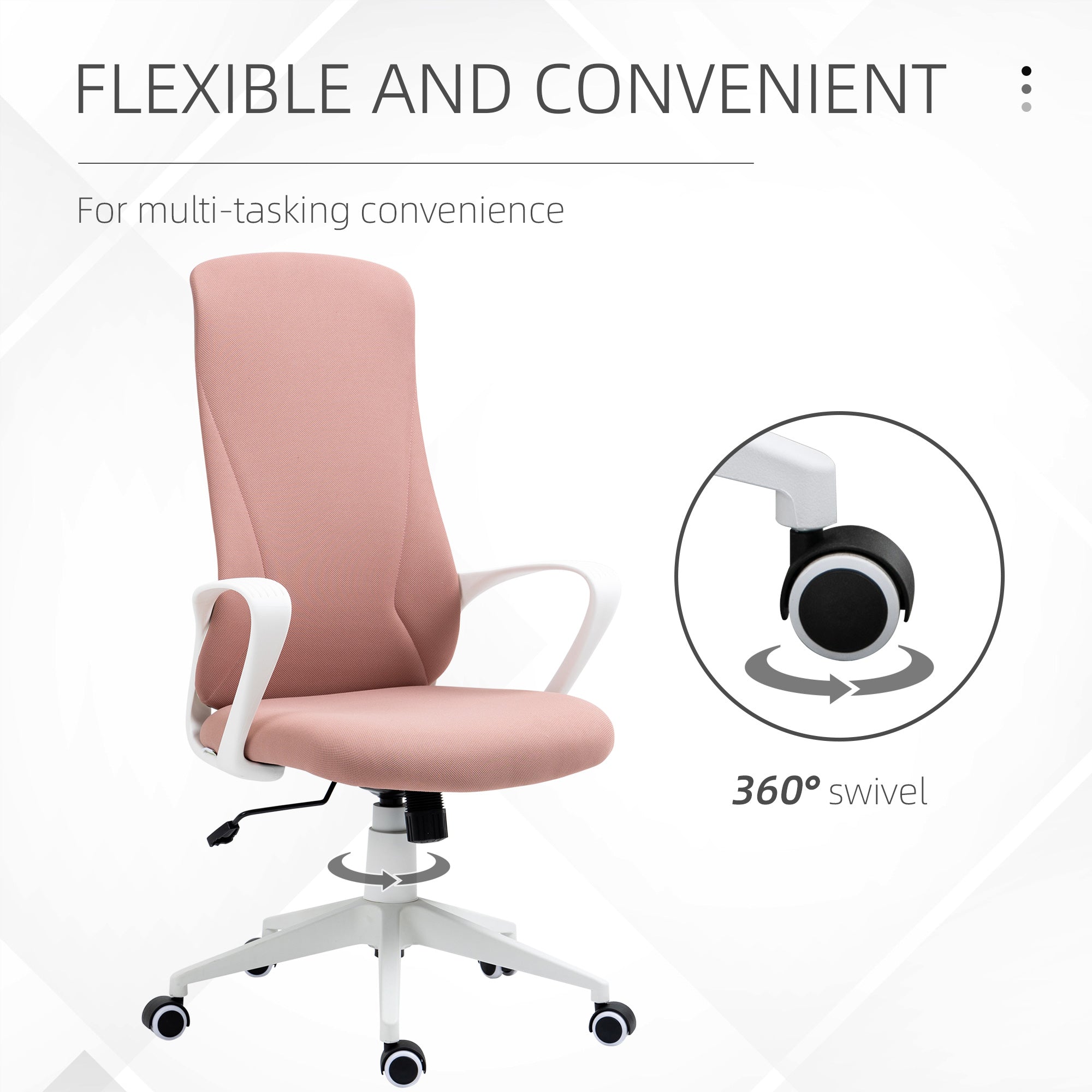 Vinsetto High Back Office Chair, Fabric Desk Chair with Armrests, Adjustable Height, Swivel Wheels, Pink - North Peak Garden Furniture
