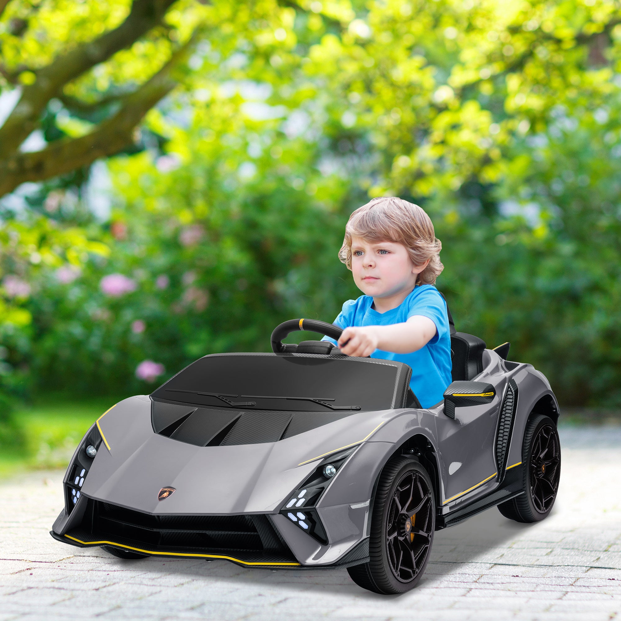 AIYAPLAY 12V Lamborghini Autentica Licensed Kids Electric Car with Remote Control, 4 Suspension Wheels, Soft Start, Grey