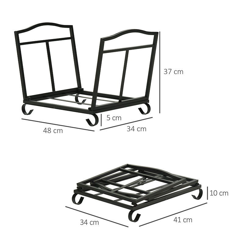 Outsunny Metal Firewood Log Holder Indoor Outdoor Folding Firewood Rack Fireplace Wood Storage Shelf w/ Scrolls, Rust-Resistant, Black, 48L x 34W x 37Hcm