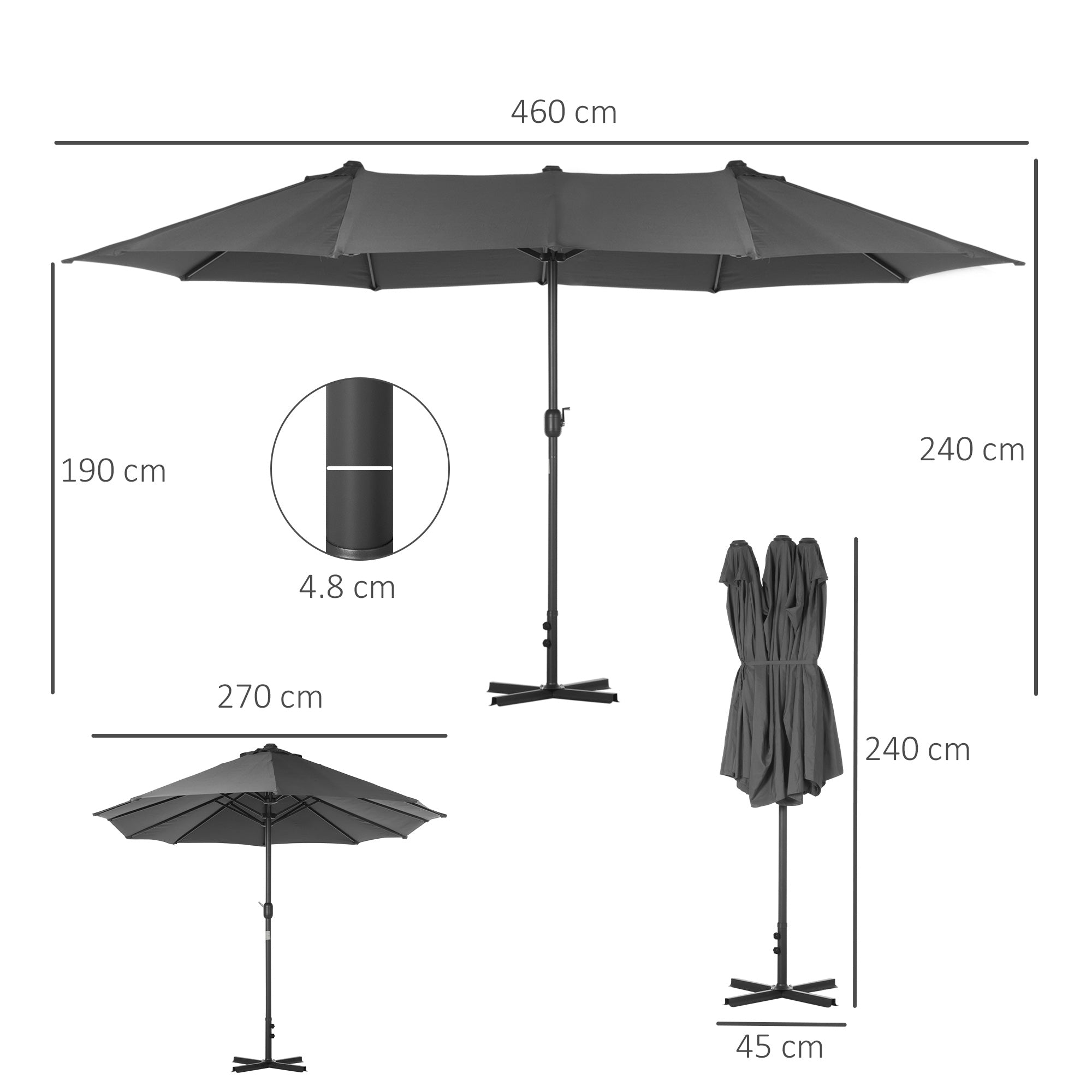 Outsunny 4.6m Garden Parasol Double-Sided Sun Umbrella Patio Market Shelter Canopy Shade Outdoor with Cross Base – Grey