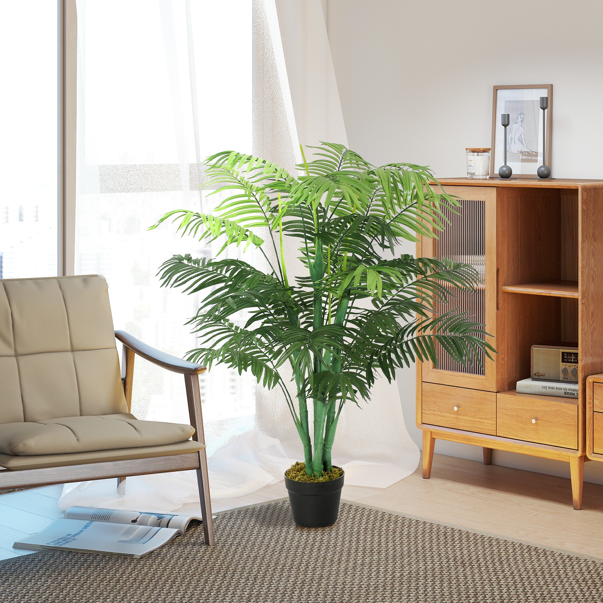 Outsunny 125cm/4FT Artificial Palm Plant Decorative Tree with Nursery Pot, Fake Plastic Indoor Outdoor Home Office Décor, Green - North Peak Garden Furniture