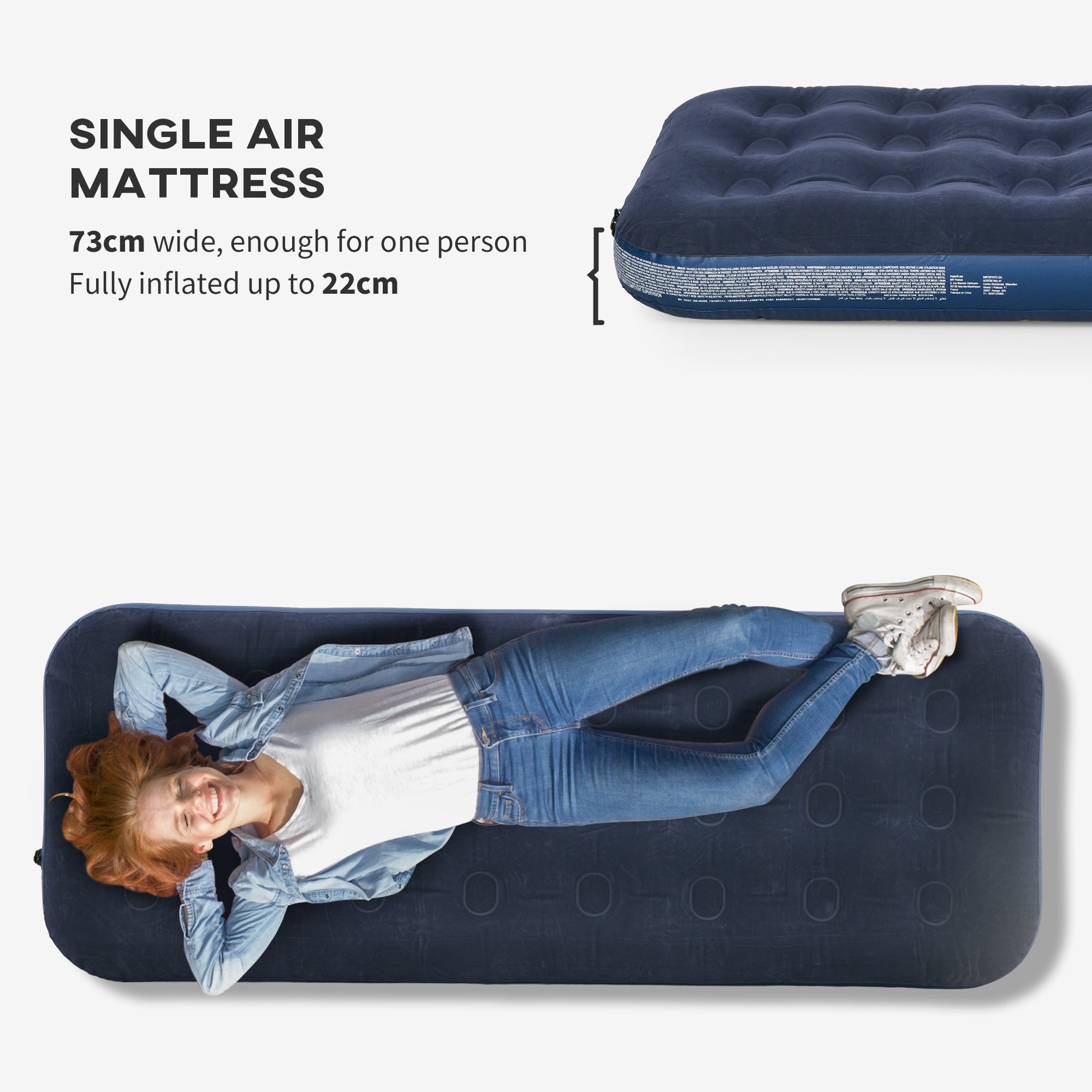 Outsunny Single Air Mattress with Hand Pump, Portable Air Bed with Flocked Surface, 191 x 73 x 22cm, Blue - North Peak Garden Furniture