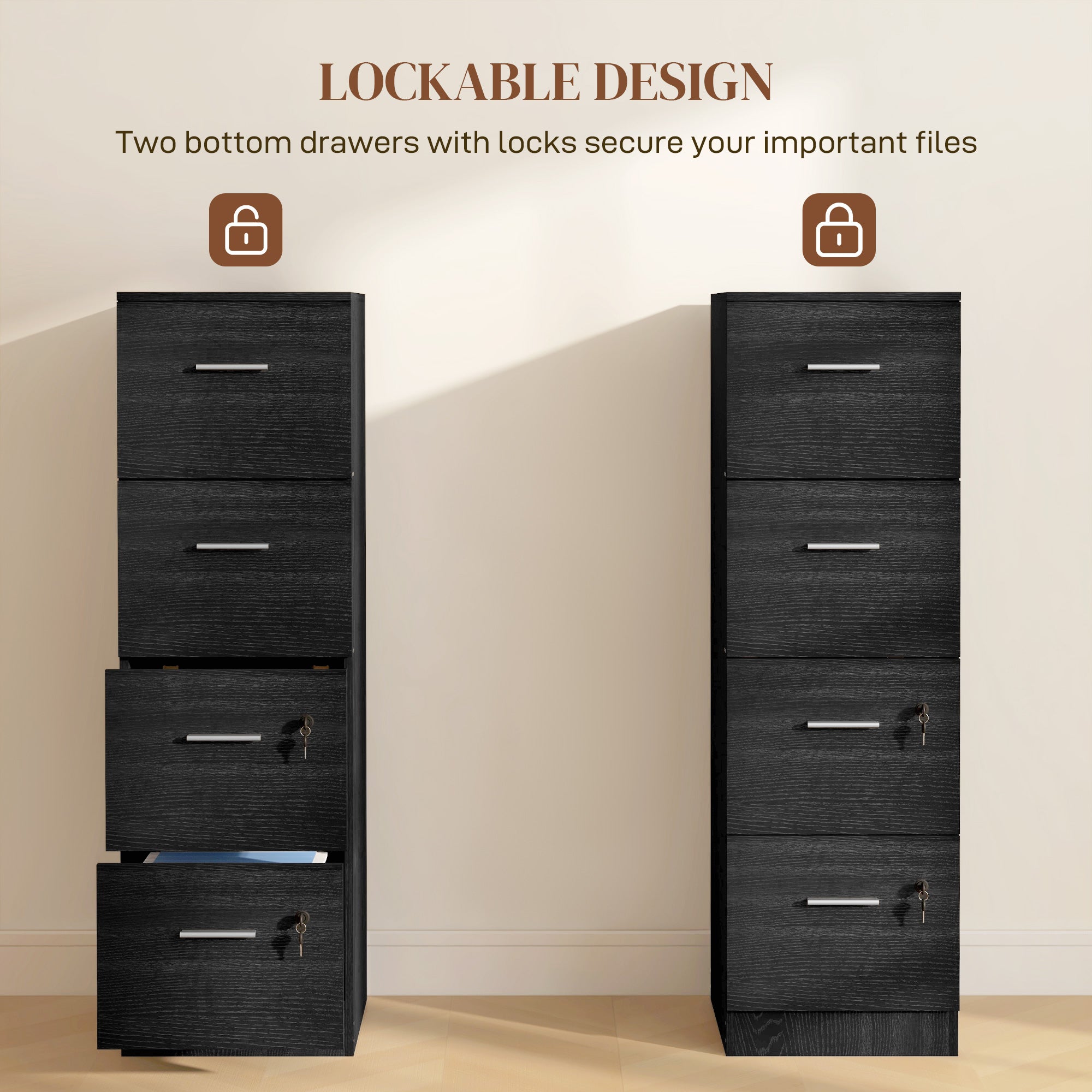 HOMCOM Four-Drawer Lockable Filing Cabinet - Black Wood Effect - North Peak Garden Furniture