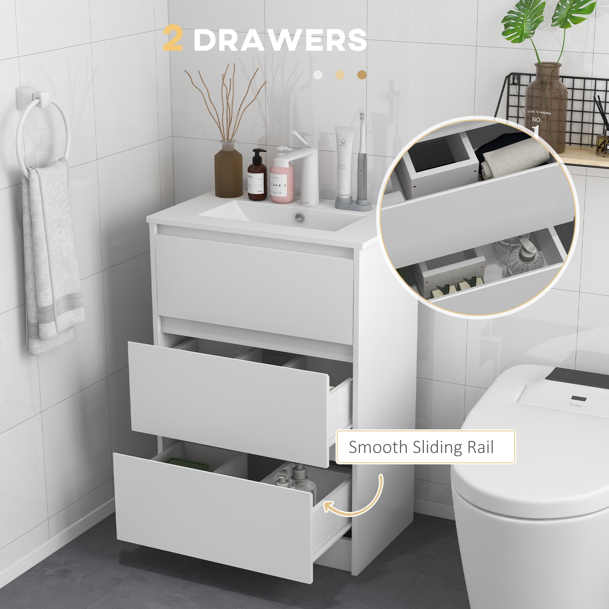 kleankin 600mm Bathroom Vanity Unit with Basin and Single Tap Hole, High Gloss White Floor Standing Bathroom Sink Unit with 2 Drawers - North Peak Garden Furniture