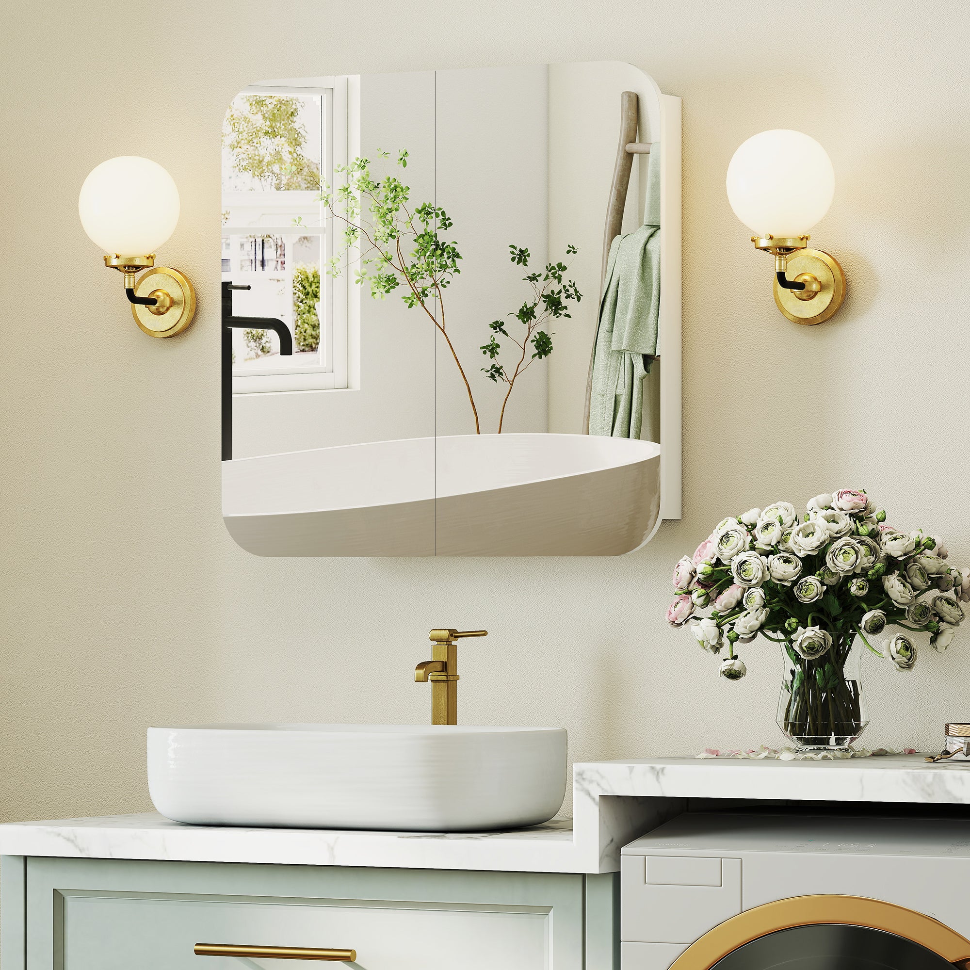 HOMCOM Arched Bathroom Mirror Cabinet with Adjustable Shelves - White