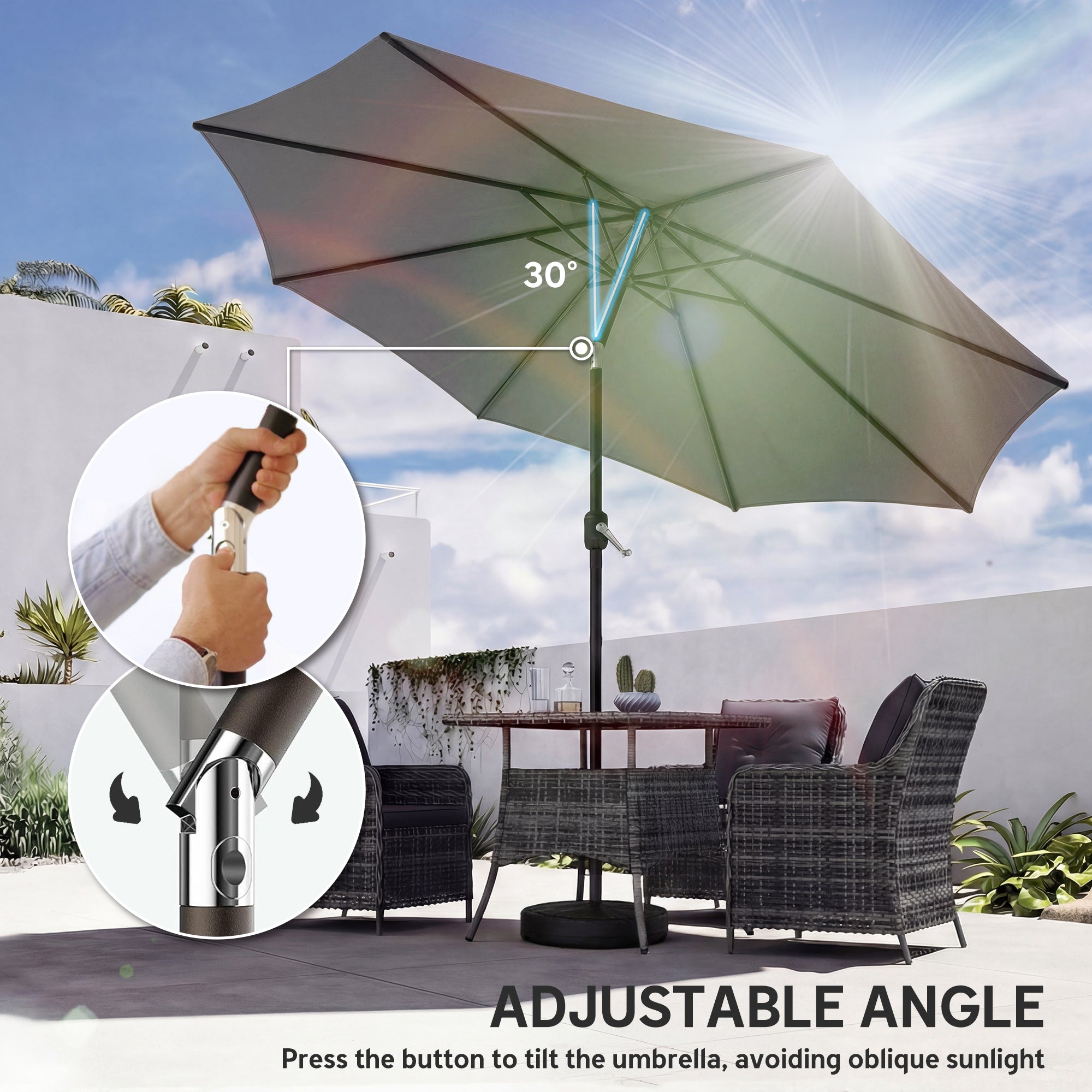 Outsunny 2.7 m Garden Parasol Umbrella with Cross Base and Sandbag, Retractable Ribs, Outdoor Table Market Umbrella, Light Grey