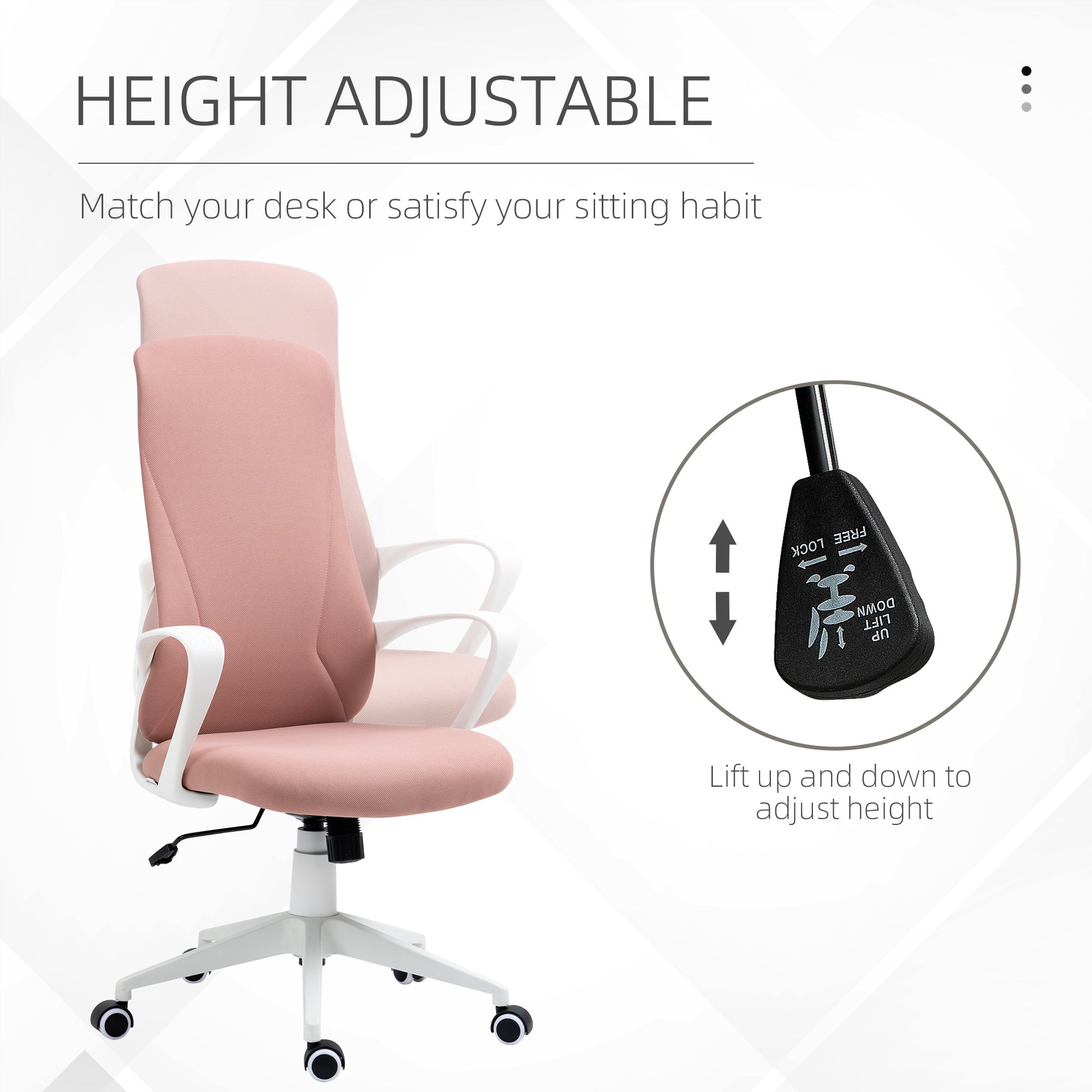 Vinsetto High Back Office Chair, Fabric Desk Chair with Armrests, Adjustable Height, Swivel Wheels, Pink - North Peak Garden Furniture