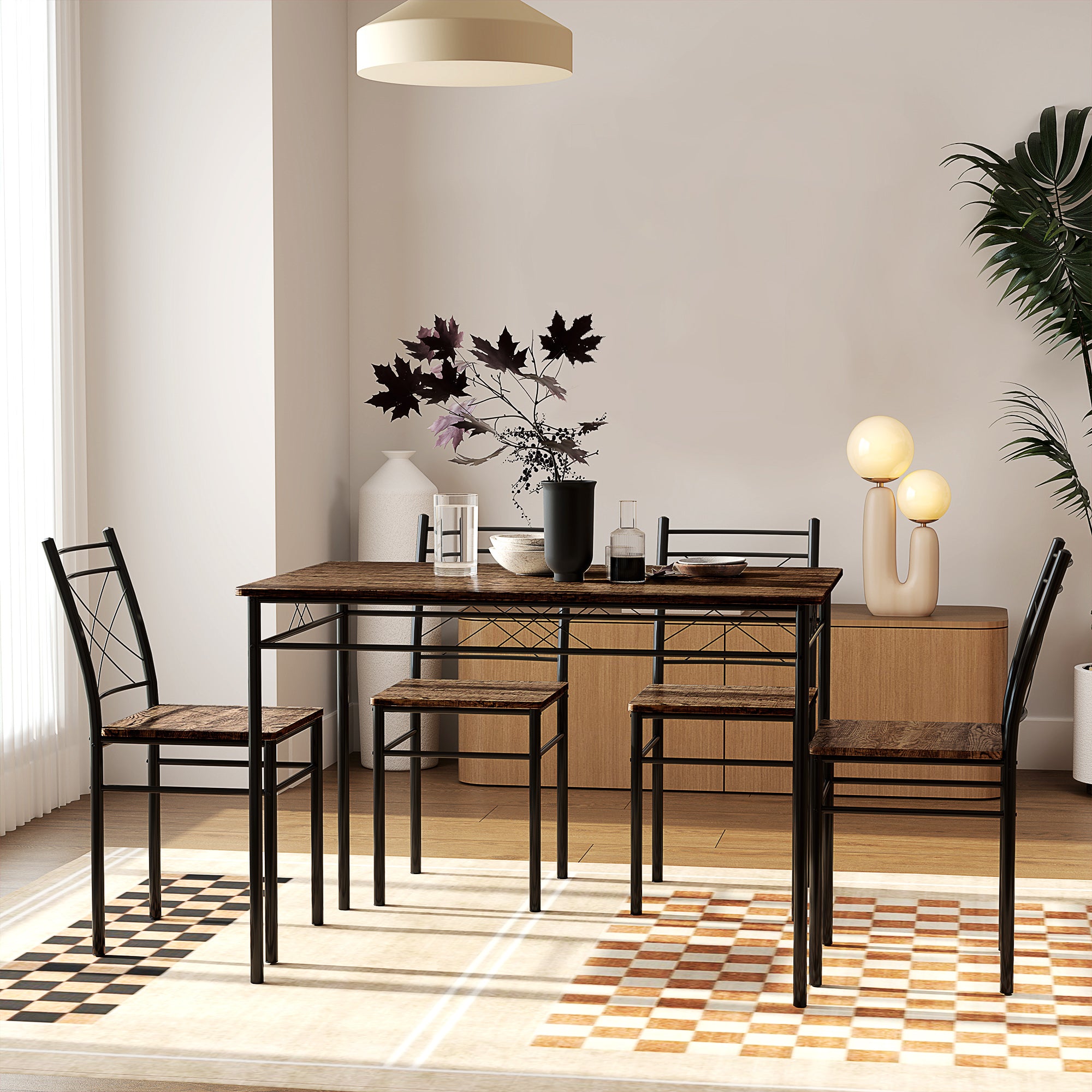HOMCOM Modern Dining Table Set for 4, Space-Saving 5 Pieces Kitchen Table Set with Rectangle Table and Steel Frame, Oak - North Peak Garden Furniture