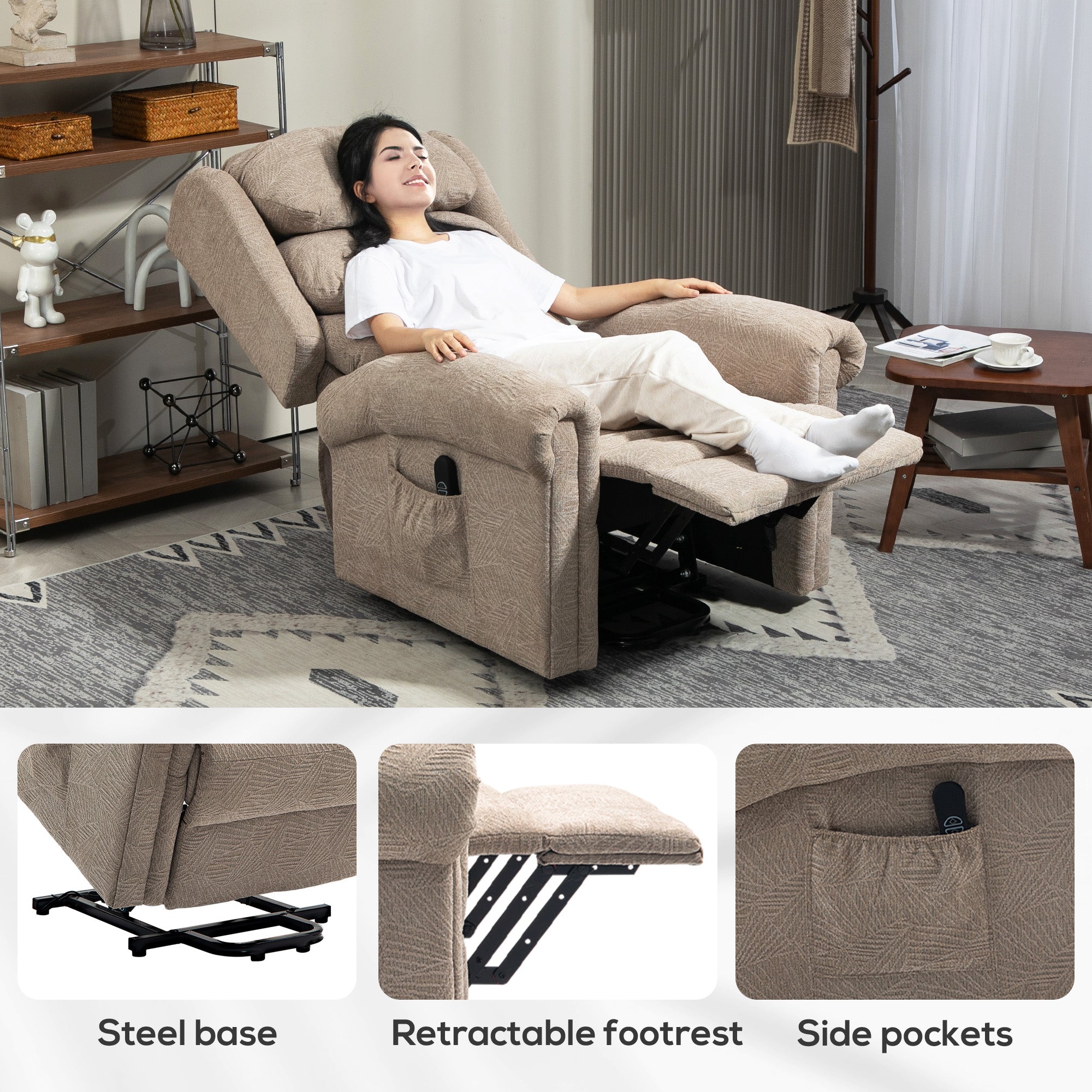 HOMCOM Power Lift Recliner Chair for Elderly, Velvet Electric Riser and Recliner Armchair for Living Room with Remote Control, 2 Side Pockets, Thick Padded Back, Khaki - North Peak Garden Furniture