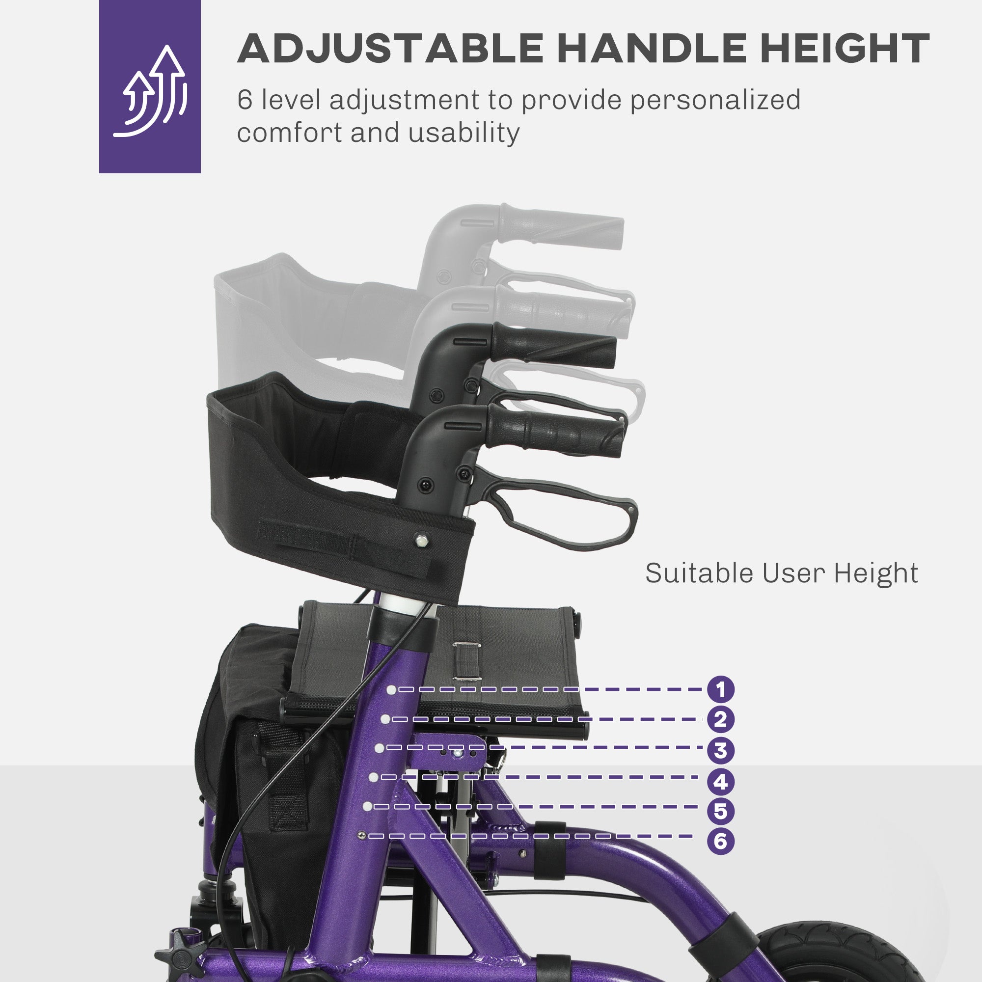 HOMCOM Folding Rollator Walker with Seat, Backrest, Lightweight Walking Frame with Storage Bag, Dual Brakes, All-terrain Wheels, Adjustable Handle Height, 4 Wheeled Walker for Seniors, Purple - North Peak Garden Furniture