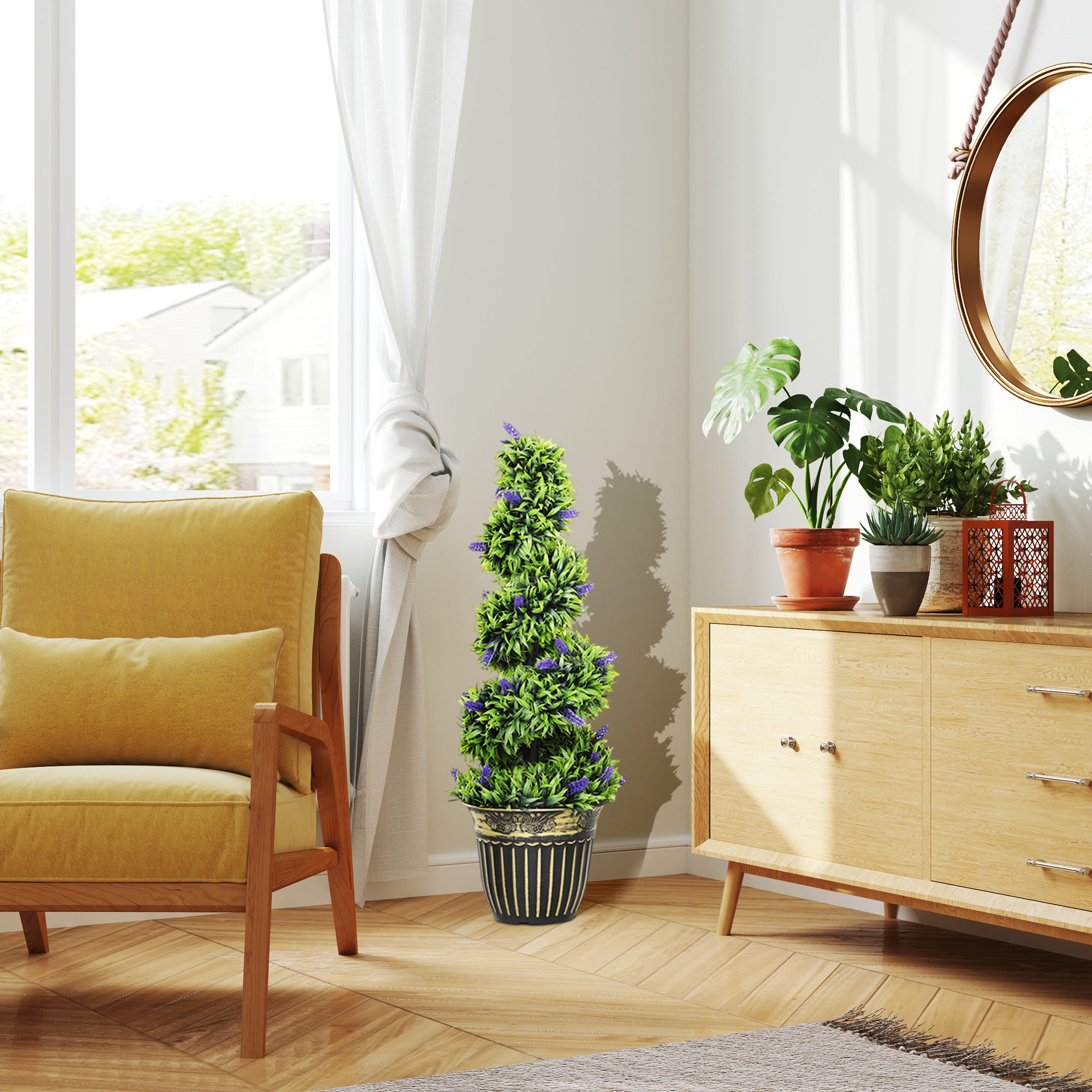 HOMCOM Set of 2 Decorative Artificial Plants, Boxwood Spiral Topiary Tree with Lavender and Pot, Fake Plants for Home Indoor Outdoor Decor, 90cm - North Peak Garden Furniture