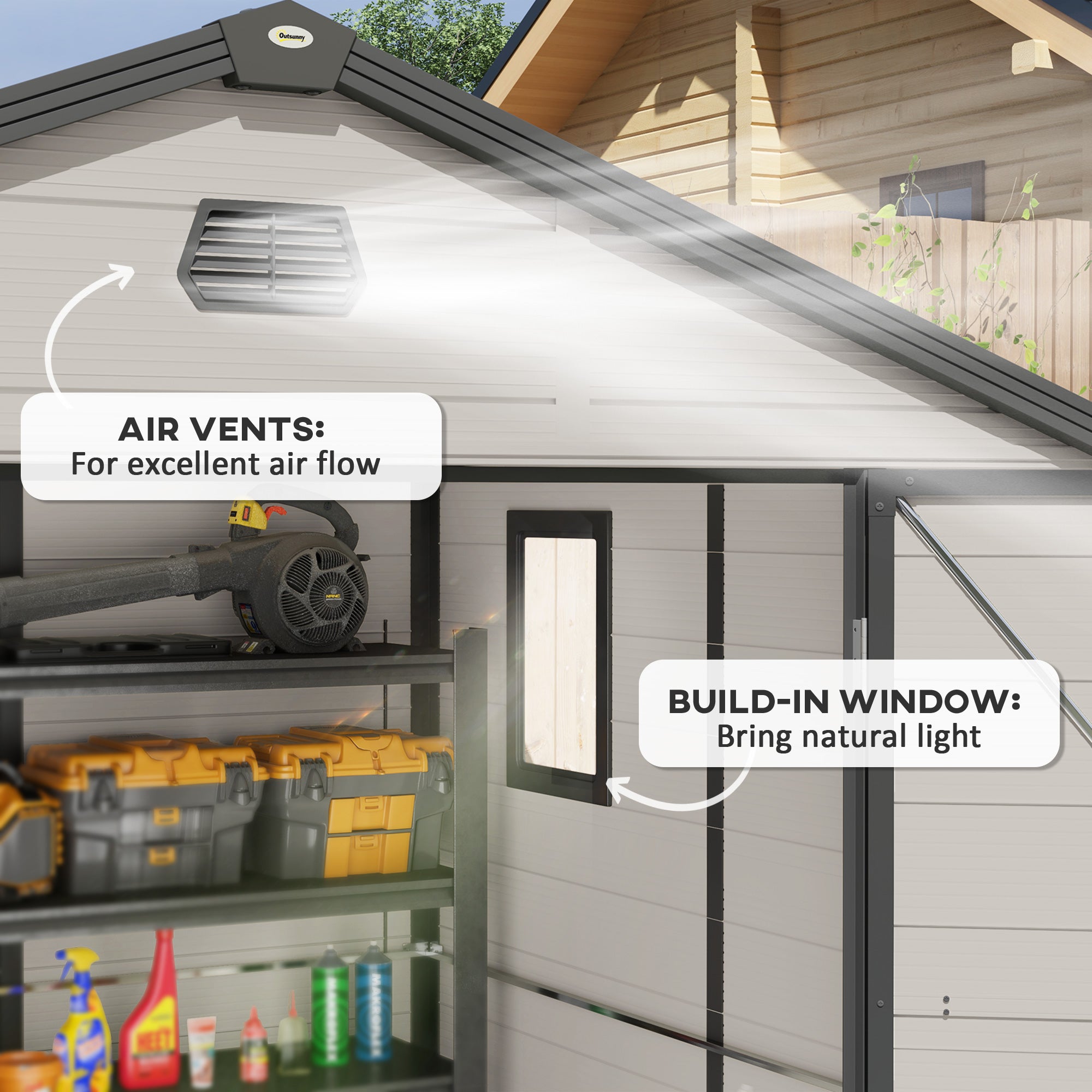 Outsunny 7.9ft x 6.2ft Aluminium Frame and Plastic Wall Shed, with Foundation - Cream White - North Peak Garden Furniture