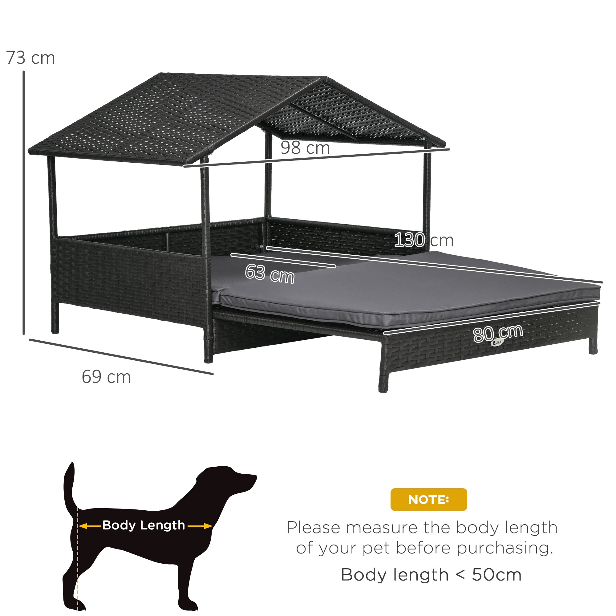 PawHut Extendable Elevated Dog Bed, Rattan Dog House w/ Water-Resistant Roof, Removable Cushion, for Small, Medium Dogs - Grey - North Peak Garden Furniture