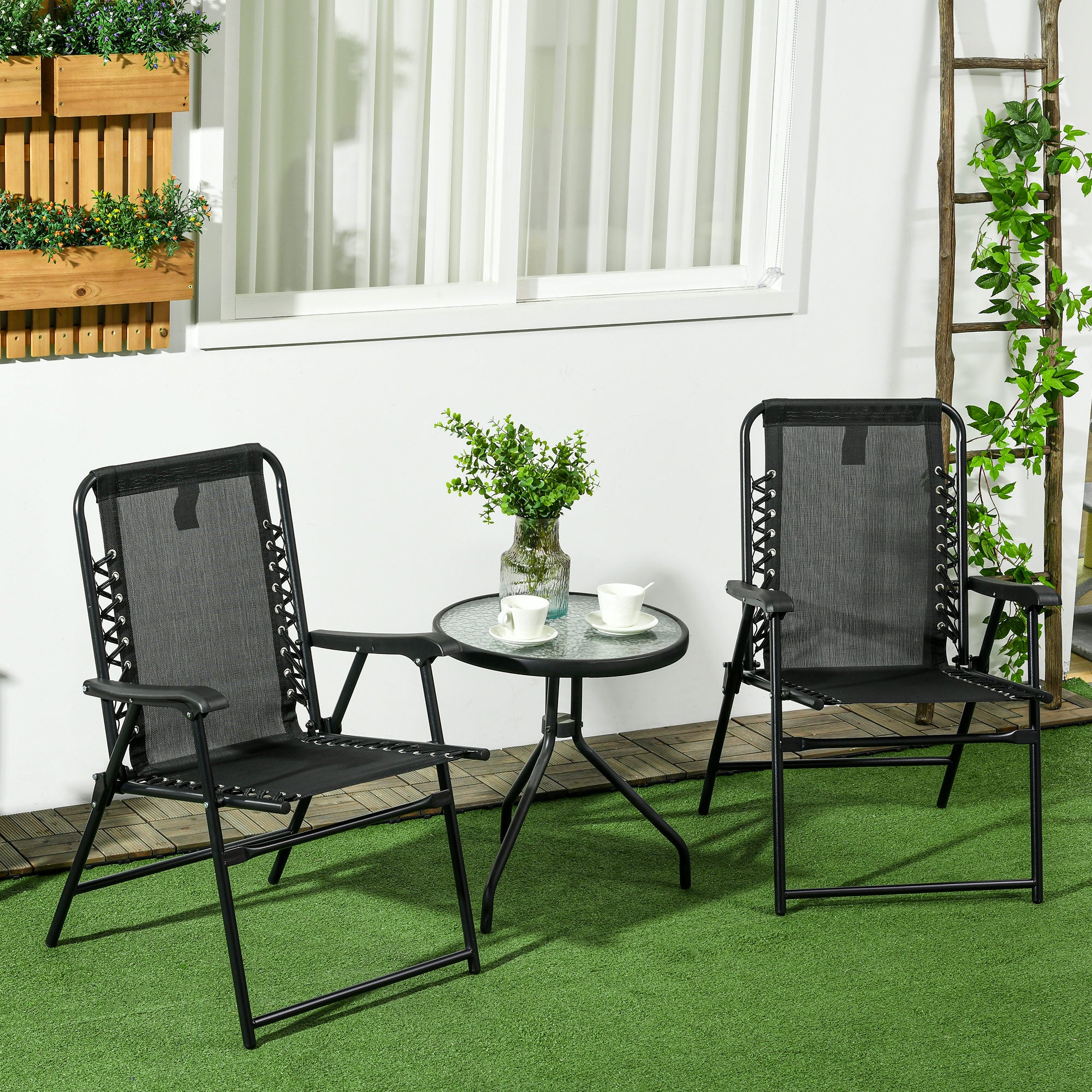 Outsunny 2 Pcs Patio Folding Chair Set, Outdoor Portable Loungers for Camping Pool Beach Deck, Lawn w/ Armrest Steel Frame Black - North Peak Garden Furniture
