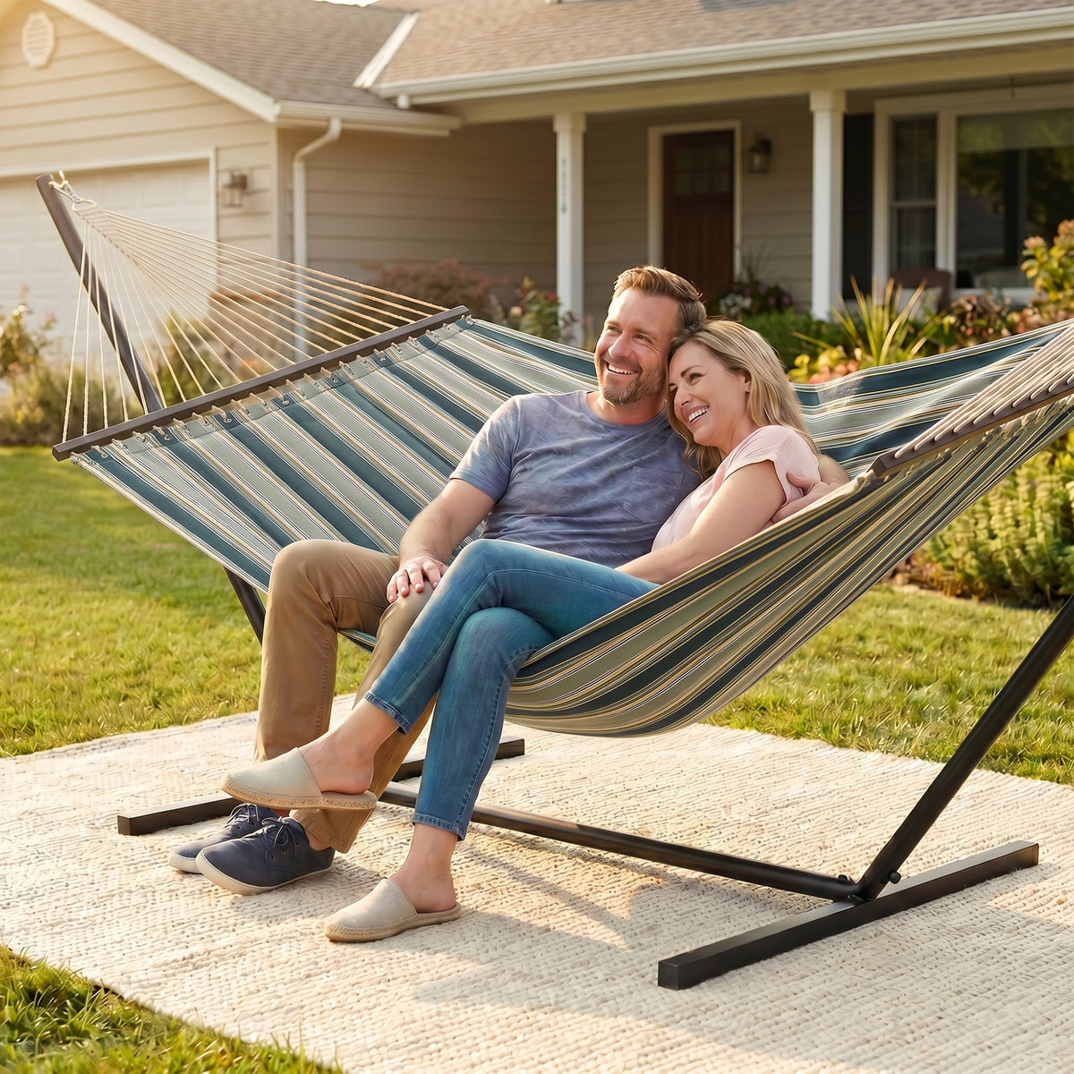 Outsunny Outdoor Hammock with Stand Detachable Pillow Striped Swing Steel Frame, for Garden, Patio, Green