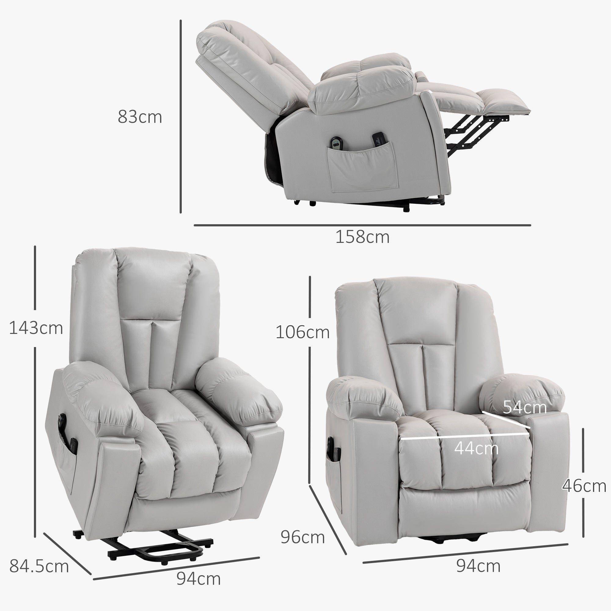HOMCOM Leathaire Eight Massage Point Armchair, with Reclining Back - Light Grey - North Peak Garden Furniture