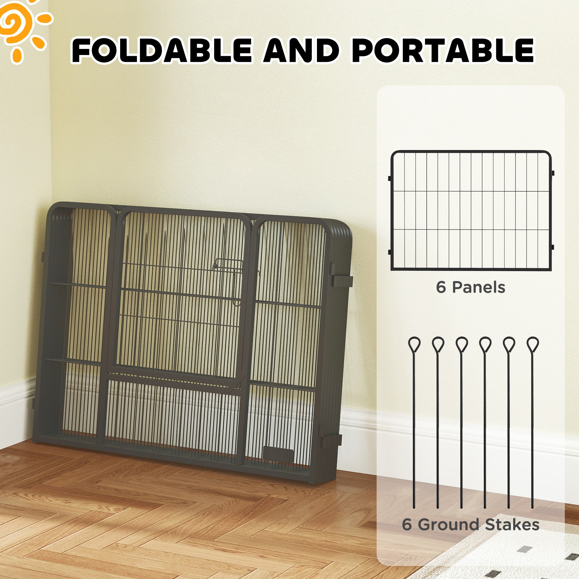 PawHut 6 Panels Dog Playpen, Portable Detachable Puppy Pen with Door, for Small Dogs, 60cm High, Black - North Peak Garden Furniture