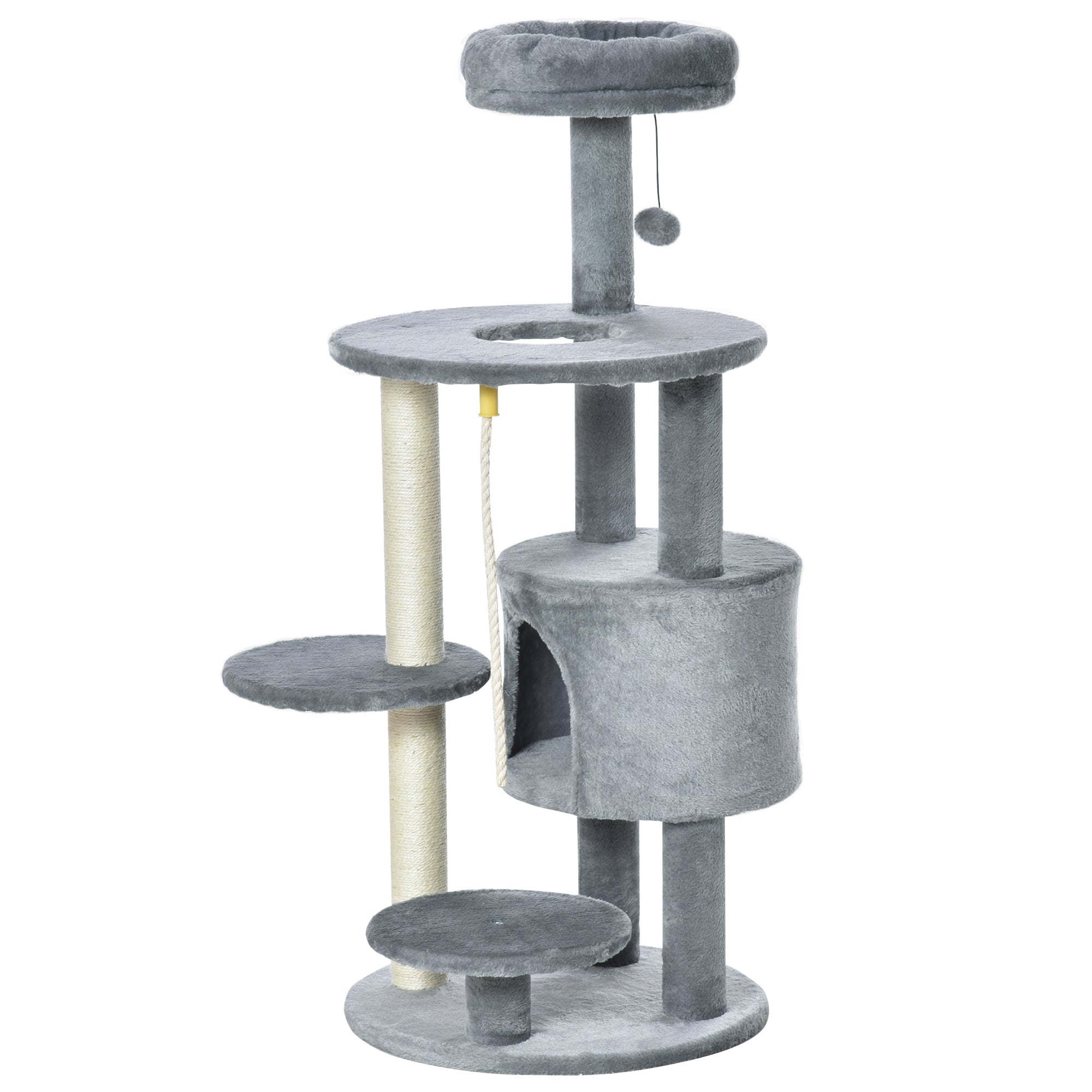 PawHut Cat Tree Tower, 112cm, with Jute Scratching Post, Perch, Hanging Ball, Teasing Rope for Climbing Kittens, Dark Grey |