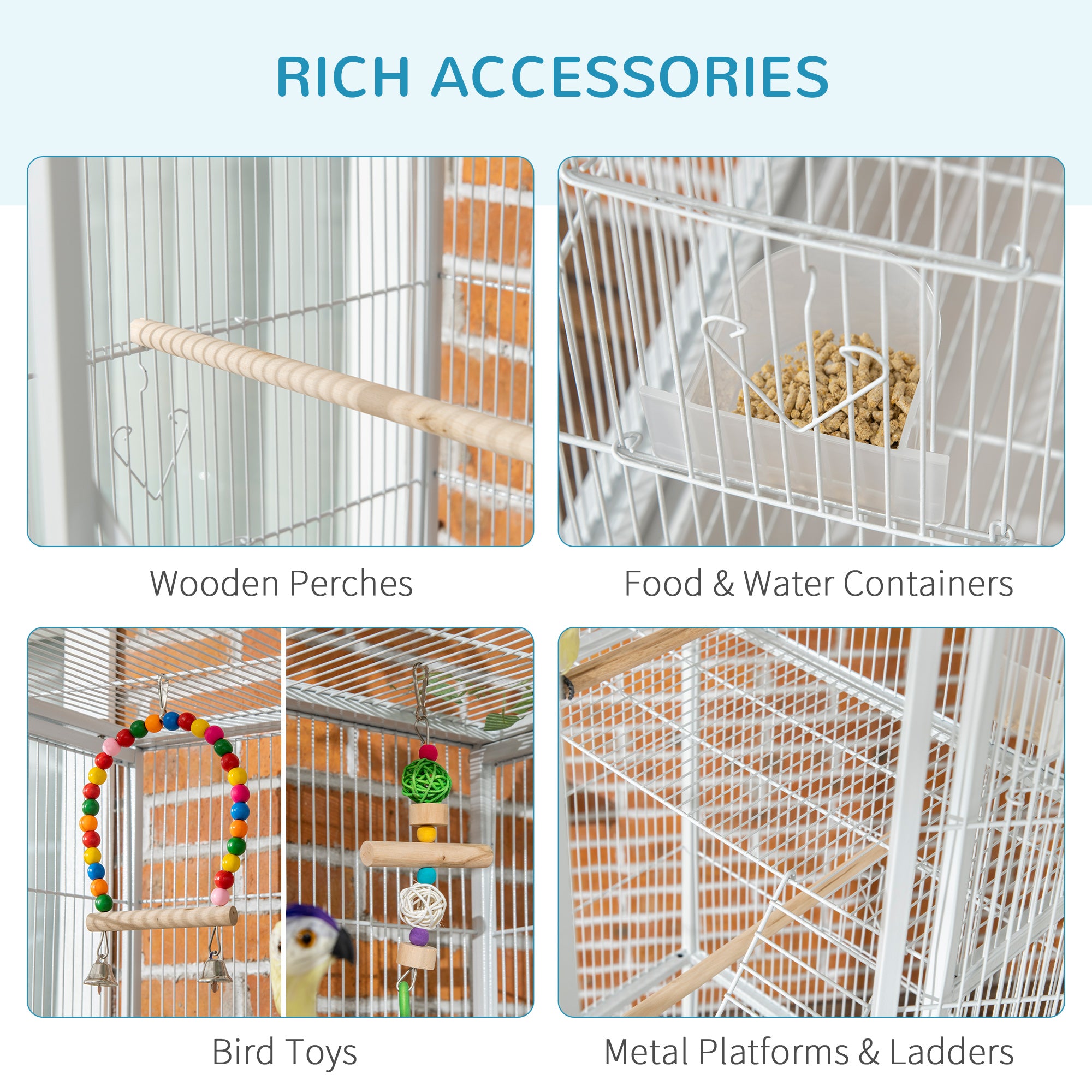 PawHut Large Bird Cage Budgie Cage 3 Tier Aviary with Stand Wheels, Toys, Ladders, Shelf for Canaries, Finches, Cockatiels, Parakeets - White - North Peak Garden Furniture