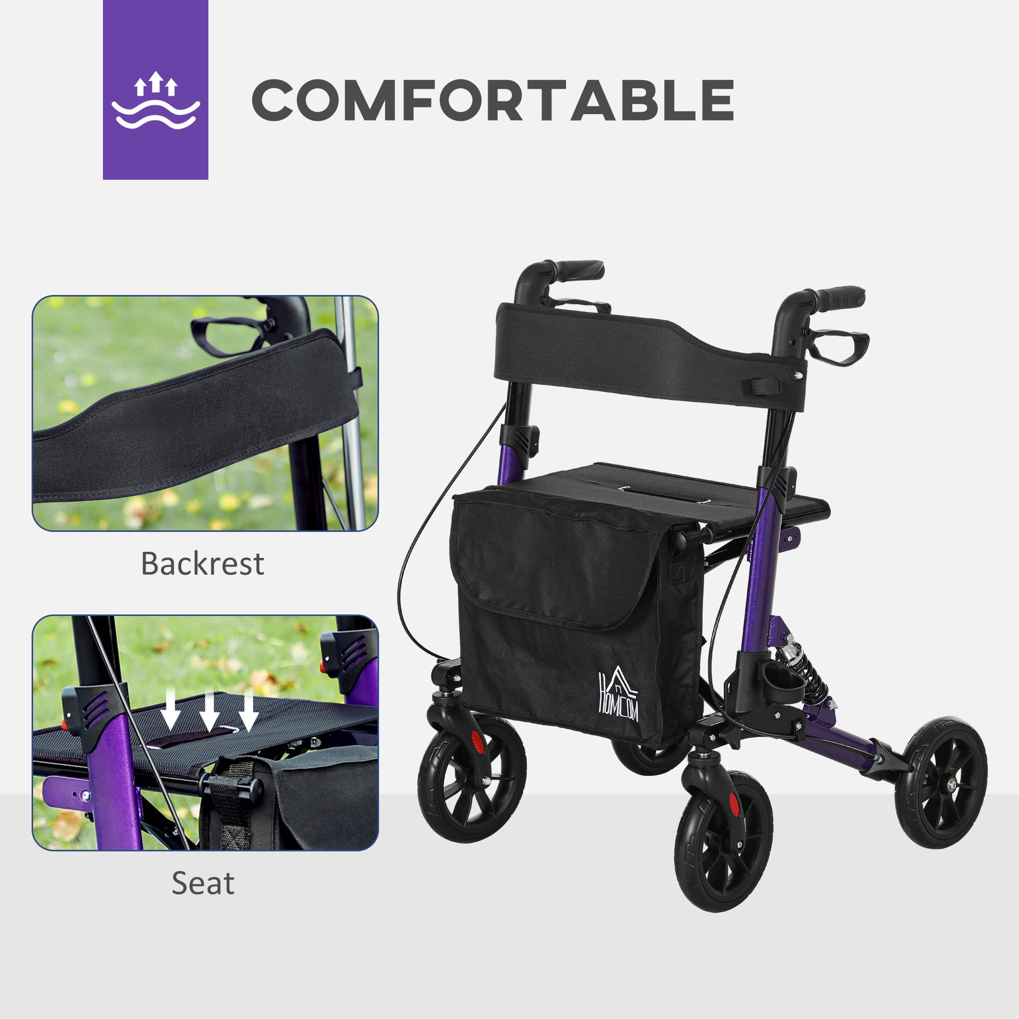 HOMCOM Folding Rollator Walker with Seat, Backrest, Lightweight Walking Frame with Storage Bag, Dual Brakes, Adjustable Handle Height, Suspension System, 4 Wheeled Walker for Seniors, Purple - North Peak Garden Furniture
