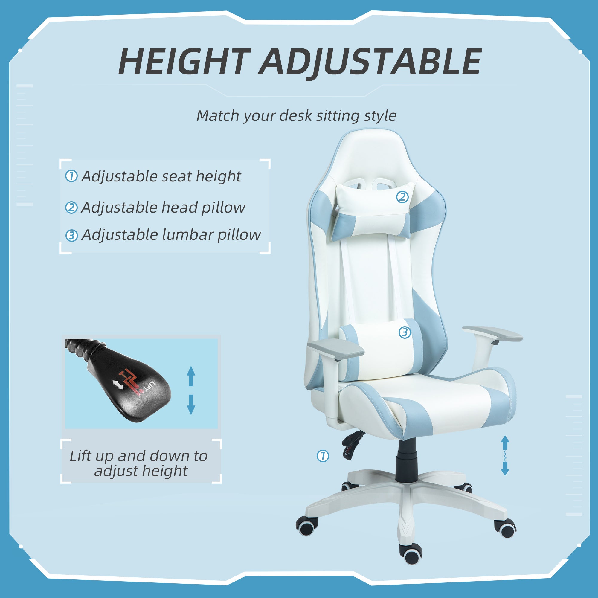 HOMCOM Faux Leather Colour Block Gaming Chair, with 135° Reclining Back - Blue/White - North Peak Garden Furniture
