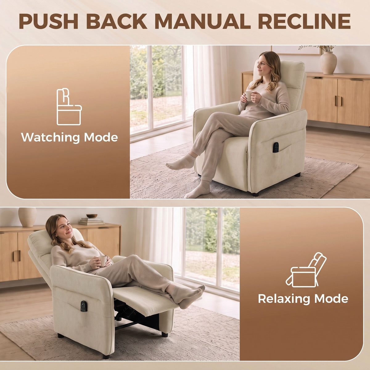 HOMCOM Recliner Armchair, Push Back Recliner Chair with Massage & Heat, Adjustable Armrests, Dual Side Pockets, Beige