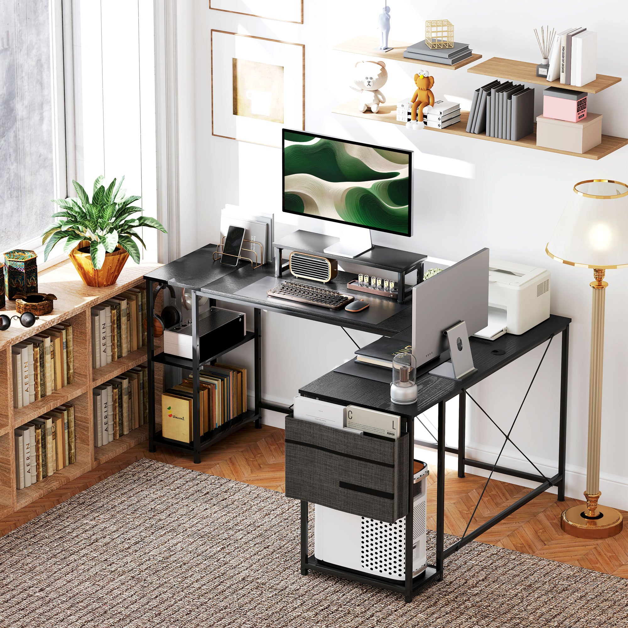 HOMCOM 168cm Reversible L Shaped Desk, Industrial Corner Computer Desk with Adjustable Shelf and Storage Bag, 240cm 2 Person Desk with Monitor Stand, Black - North Peak Garden Furniture