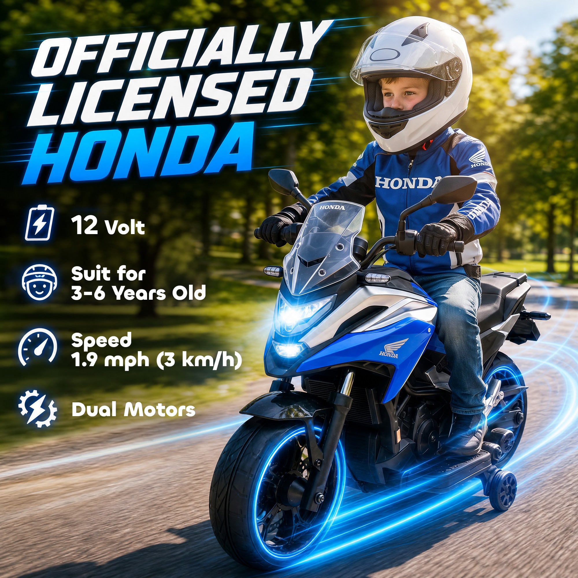 AIYAPLAY Licensed Honda 12V Kids Electric Motorbike with Training Wheels, Soft Start, Headlights, Music for 3-6 Years, Blue