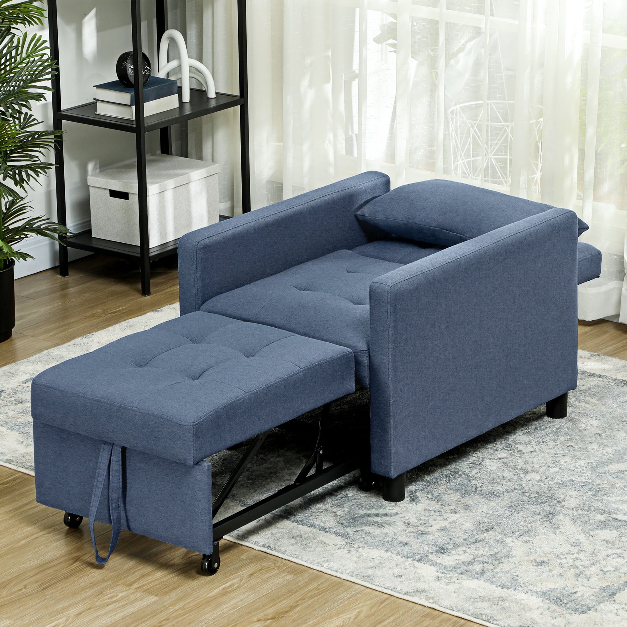 HOMCOM 3-In-1 Chair Bed, Convertible Sleeper Chair with Adjustable Backrest, Pillow and Footrest for Living Room, Blue - North Peak Garden Furniture