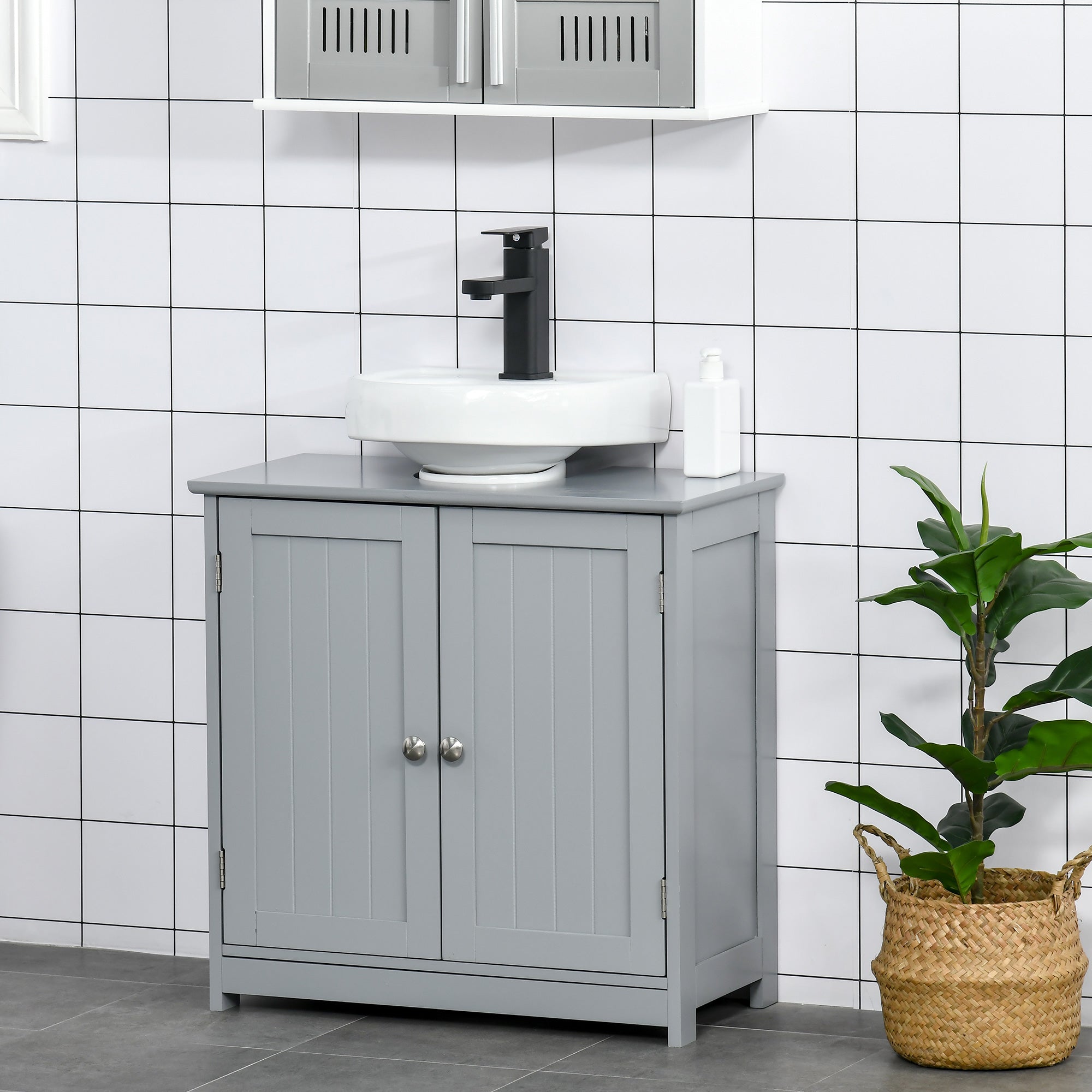 kleankin 60x60cm Under-Sink Storage Cabinet w/ Adjustable Shelf Handles Drain Hole Bathroom Cabinet Space Saver Organizer Grey - North Peak Garden Furniture