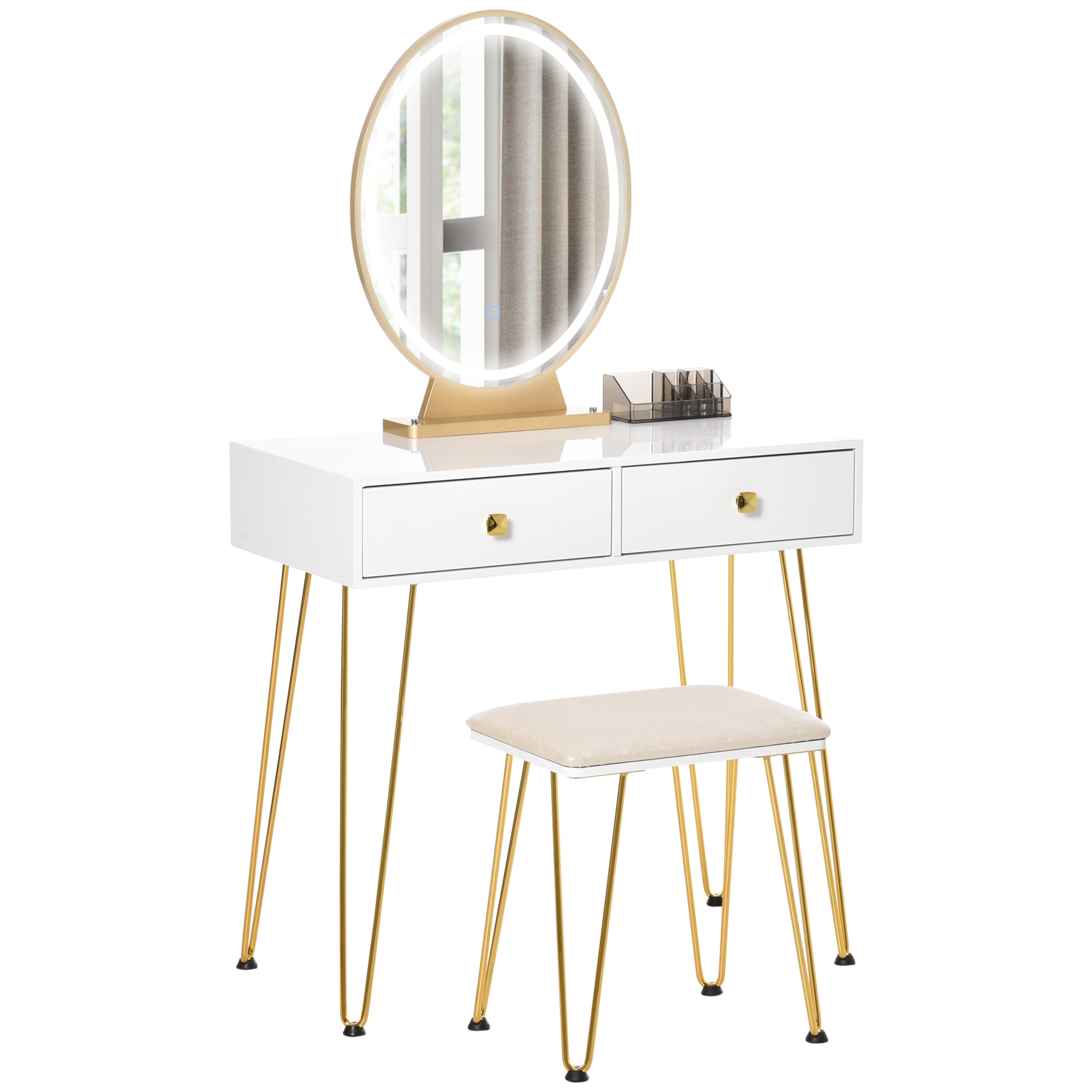 HOMCOM Dressing Table Set with LED Light, Round Mirror, Vanity Makeup Table with 2 Drawers and Cushioned Stool for Bedroom, White - North Peak Garden Furniture