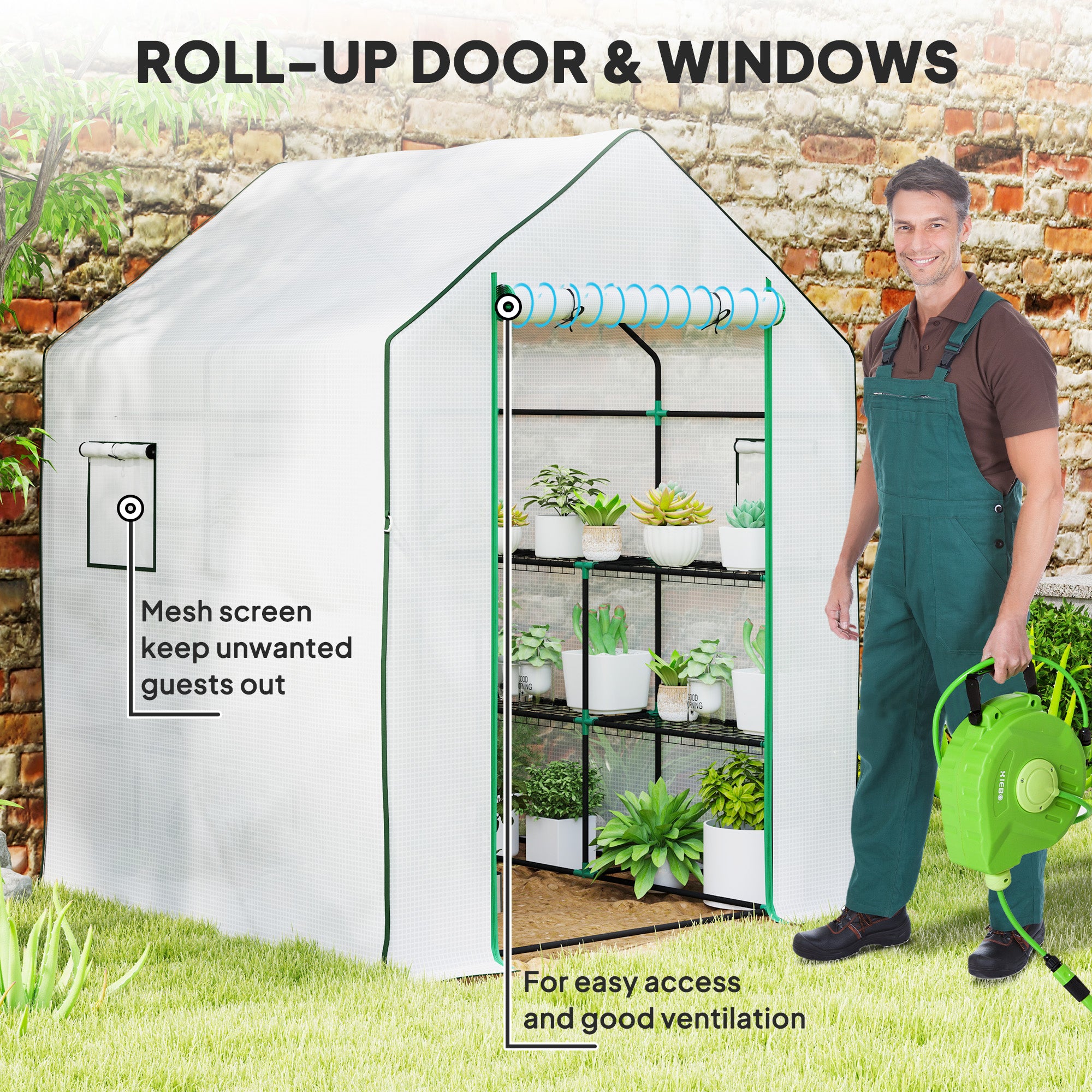 Outsunny 143 x 140cm Walk-In Greenhouse, with Accessories - White