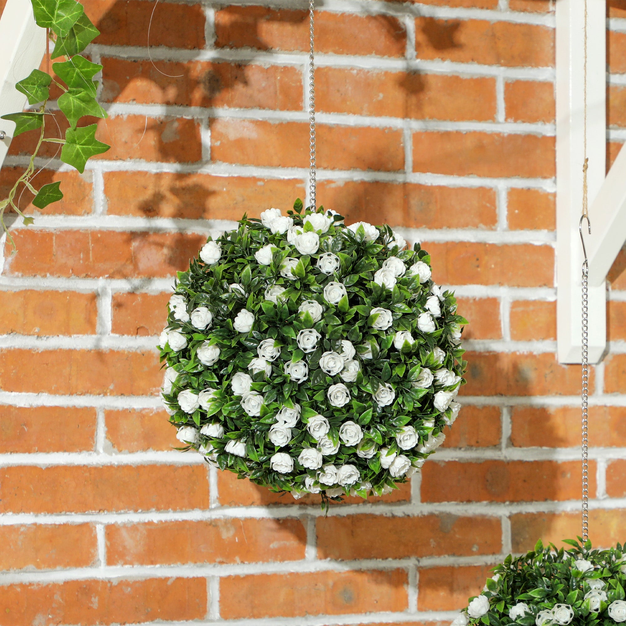 HOMCOM Set of 2 Decorative Artificial Plants, UV-protected Artificial Plant Topiary Rose Balls, Fake Plants for Home Indoor outdoor Decor, 28cm, White - North Peak Garden Furniture
