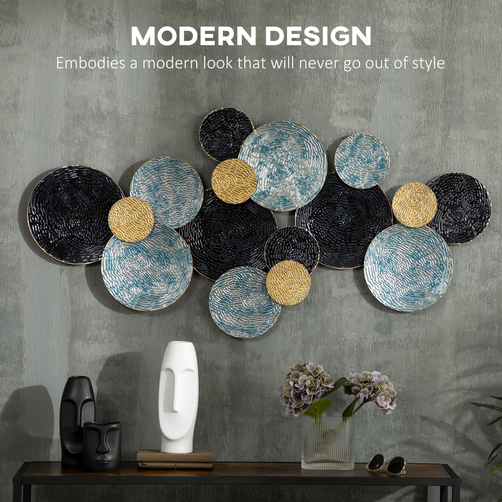HOMCOM 3D Metal Wall Art Modern Circle Hanging Wall Sculptures Home Decor for Living Room Bedroom Dining Room, Blue Black Gold - North Peak Garden Furniture