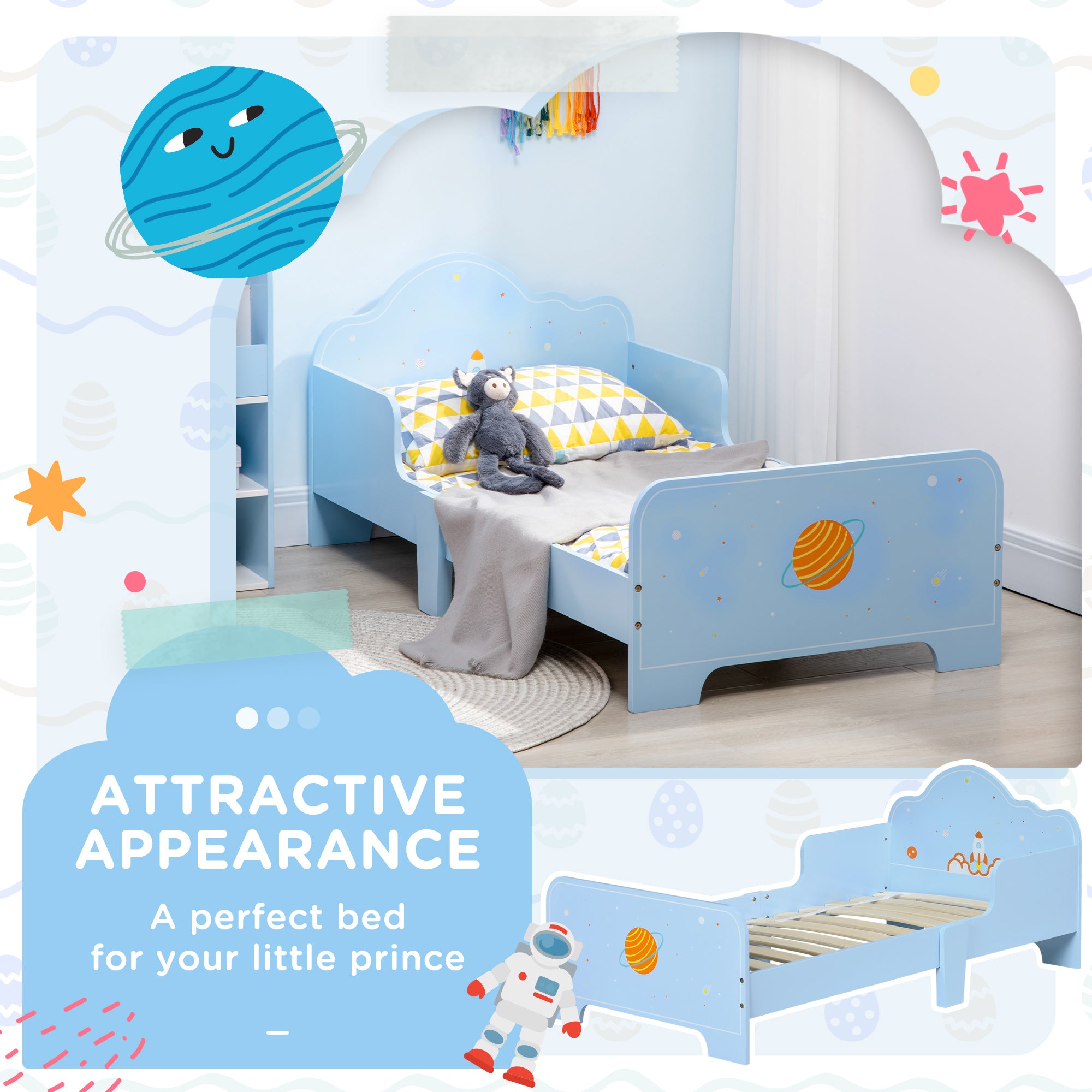ZONEKIZ Space Themed Toddler Bed, Kids Bedroom Furniture, with Safety Rails - Blue - North Peak Garden Furniture